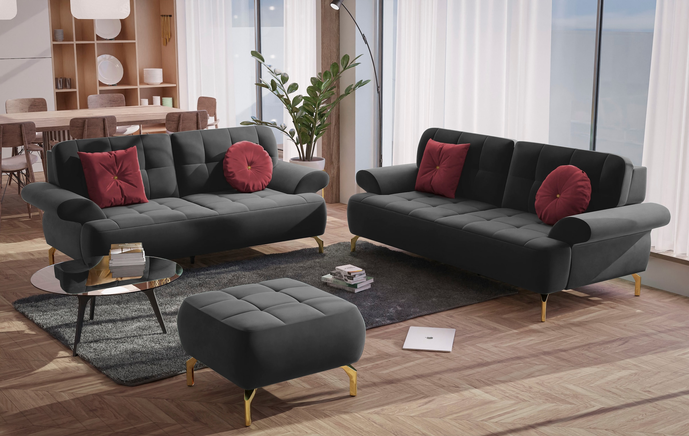 sit&more 2,5-Sitzer »Orient 1«, inkl. 2 Zierkissen mit Strass-Stein, goldfarbene Metallfüsse