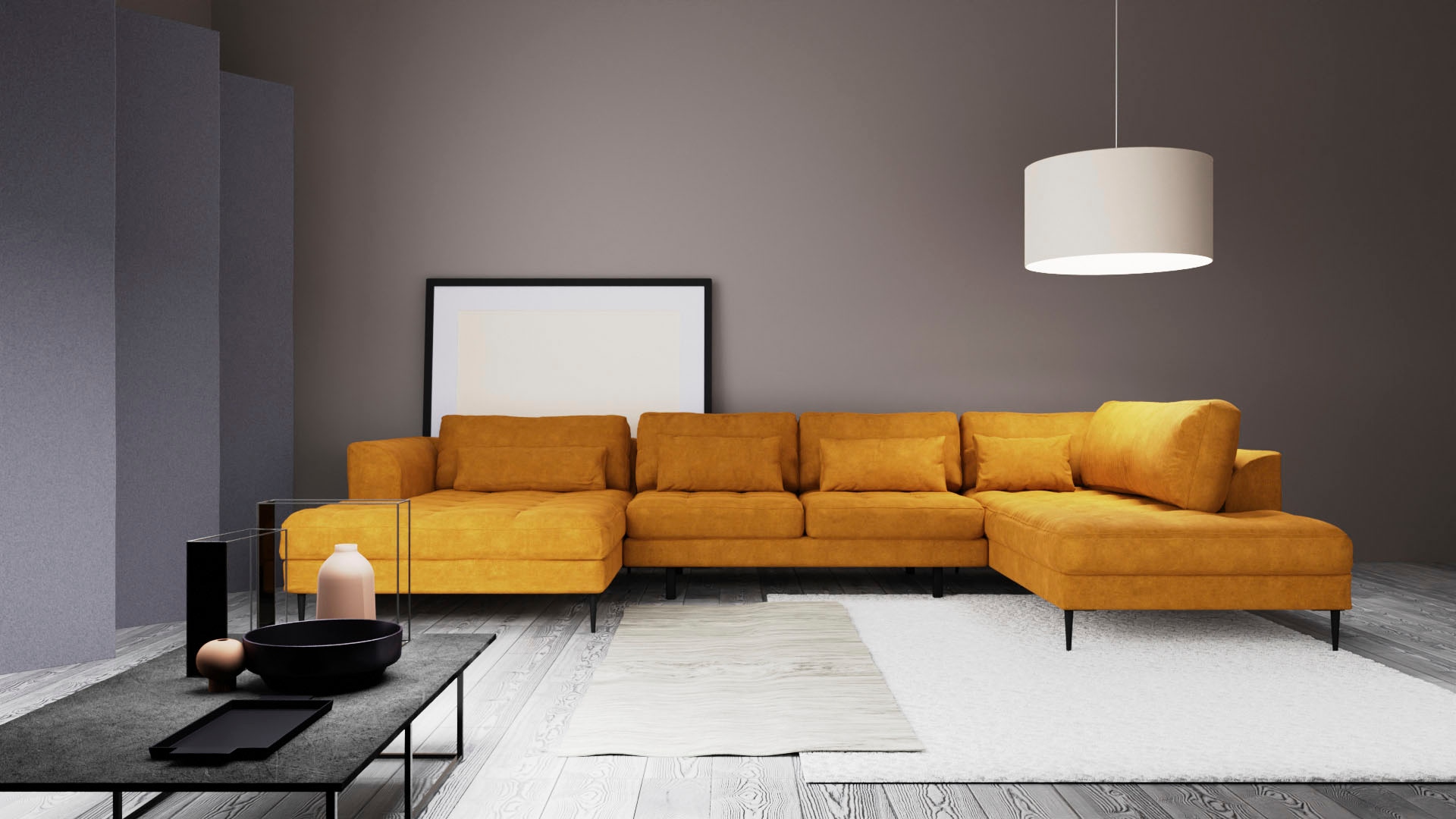 TRENDMANUFAKTUR Wohnlandschaft »Luzi, gemütliches Sofa, extra viel Platz, viele Kissen« Designsofa mit tollem Sitzkomfort, Metallfüsse schwarz, Breite 361 cm
