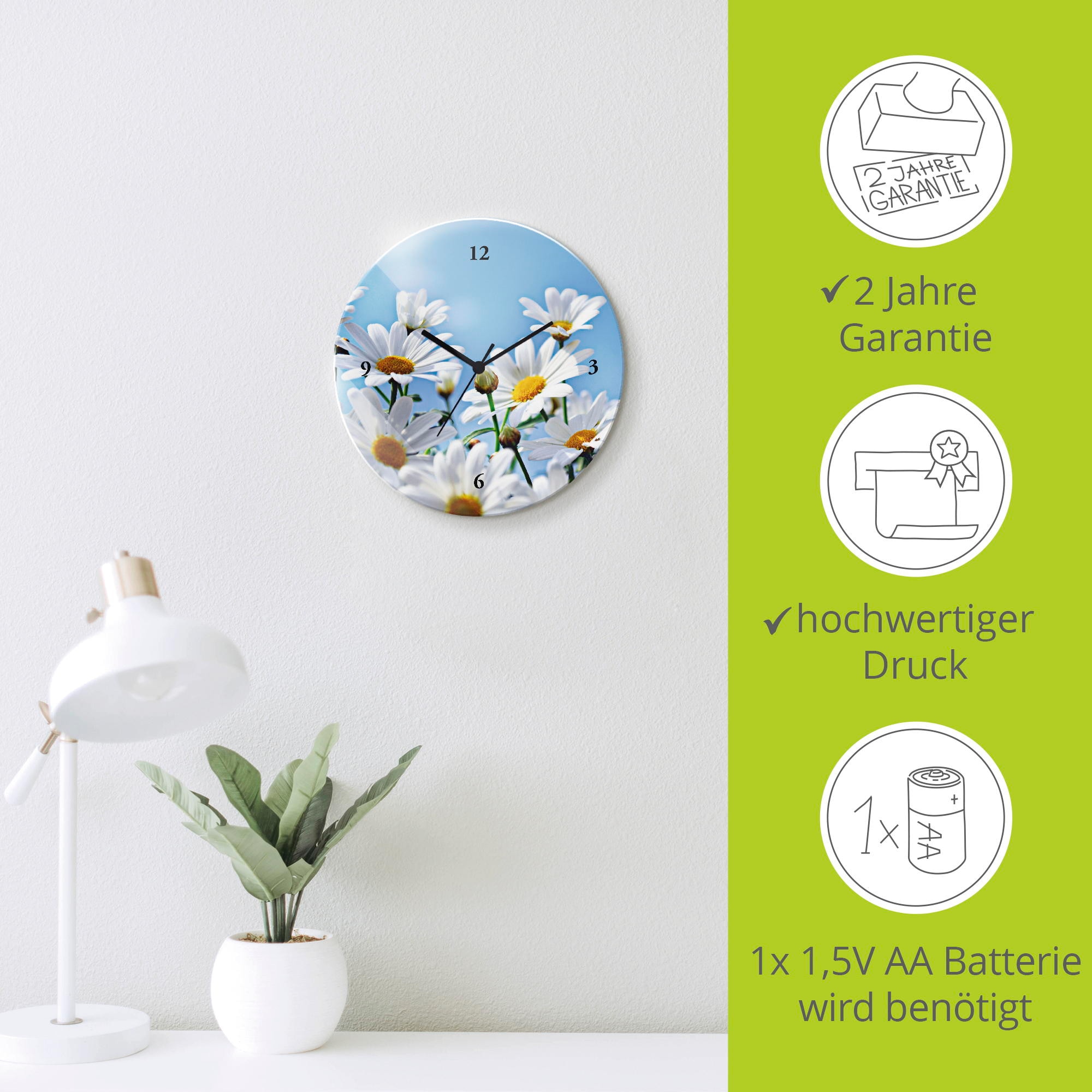 Artland Wanduhr »Blumen - Margeriten« wahlweise mit  Quarz- oder Funkuhrwerk, lautlos ohne Tickgeräusche