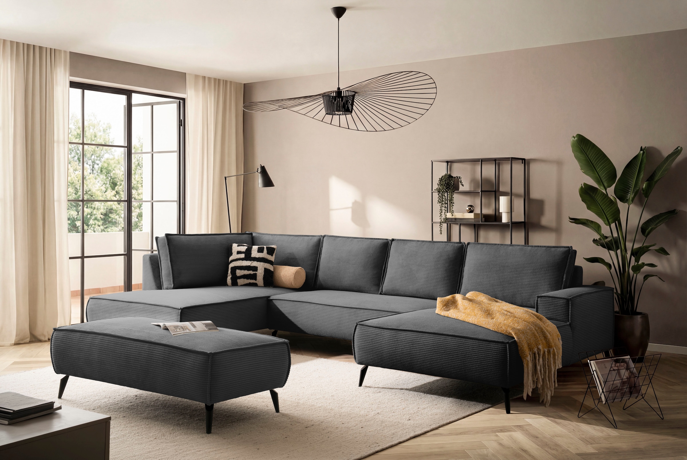 Home affaire Wohnlandschaft »mit Hocker, TVINNU, moderne U-Form in Cord oder Leinenoptik« Recamiere rechts/links, stellbar zum Schlafsofa (Krokodilverbinder)