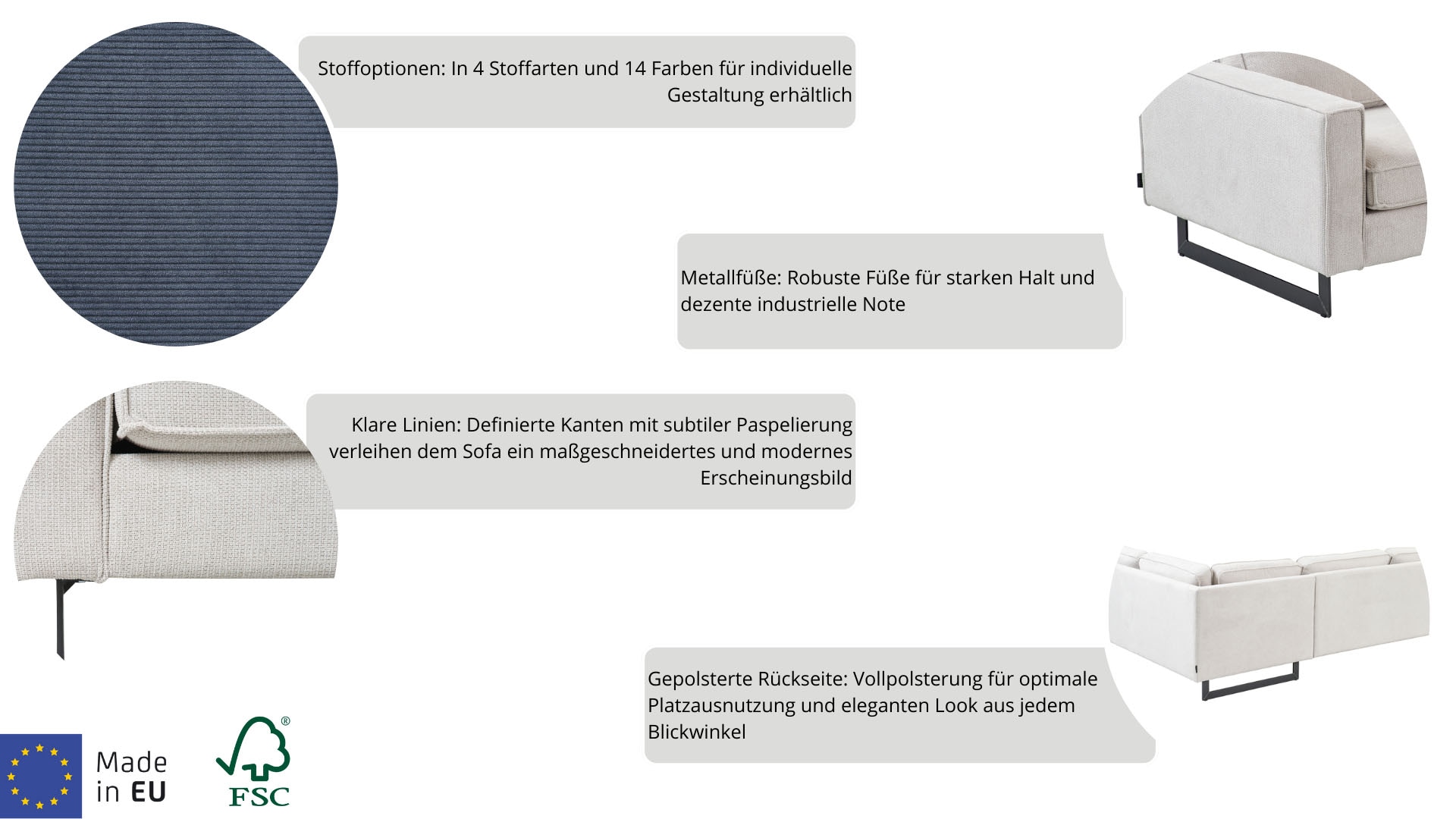Places of Style 3-Sitzer »Maxi-Ausführung Pinto, 236 cm, Cord, Chenille, Lederoptik«, mit Keder, schwarze Metallfüsse, Wellenunterfederung