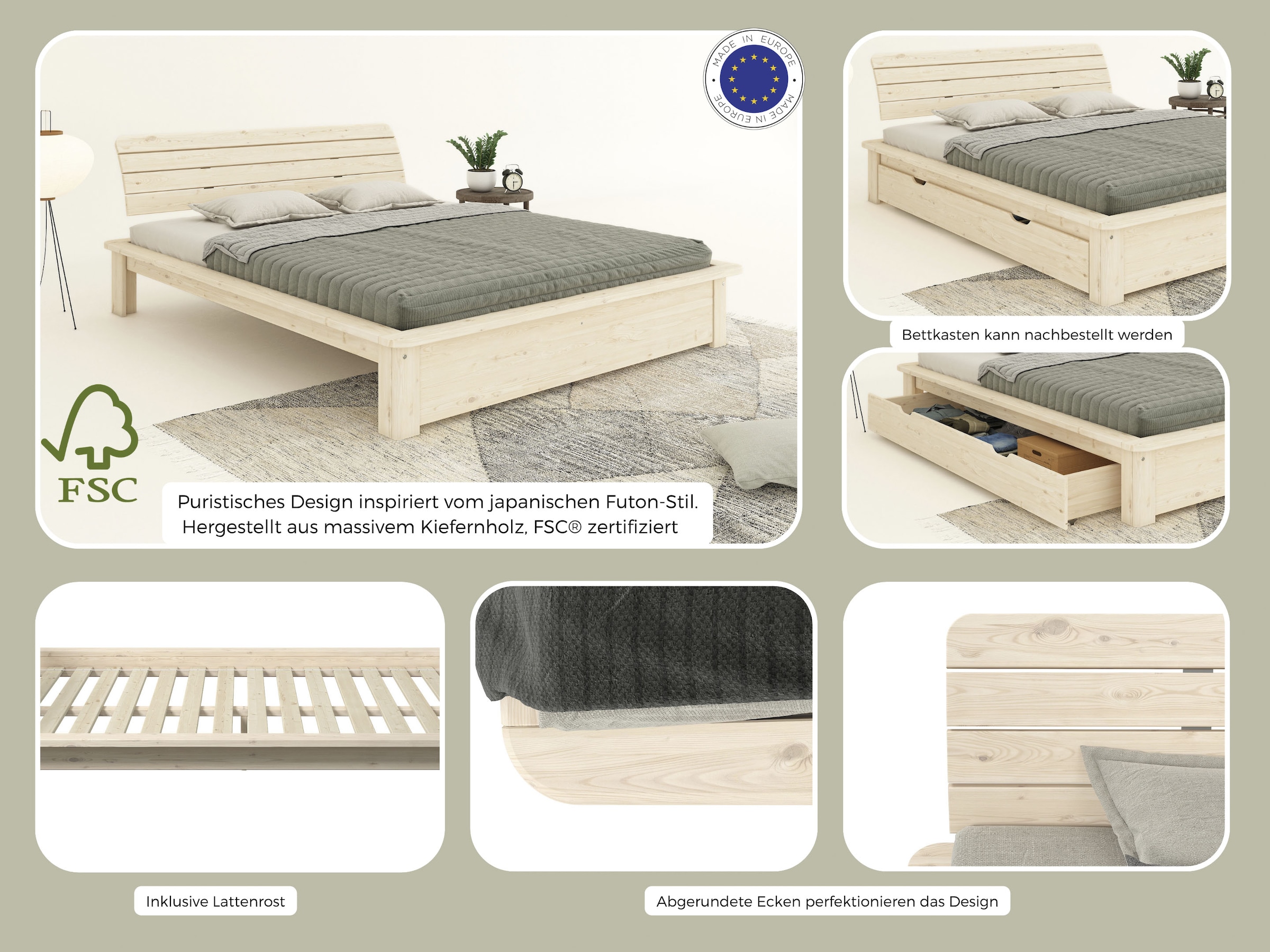 GOODproduct Lit en bois massif »Antri, Futonbett, ergonomisch geformtes Kopfteil, stilvolles Design« Rahmen zur Ablage von Smartphone, mit Lattenrost, Bettkasten optional