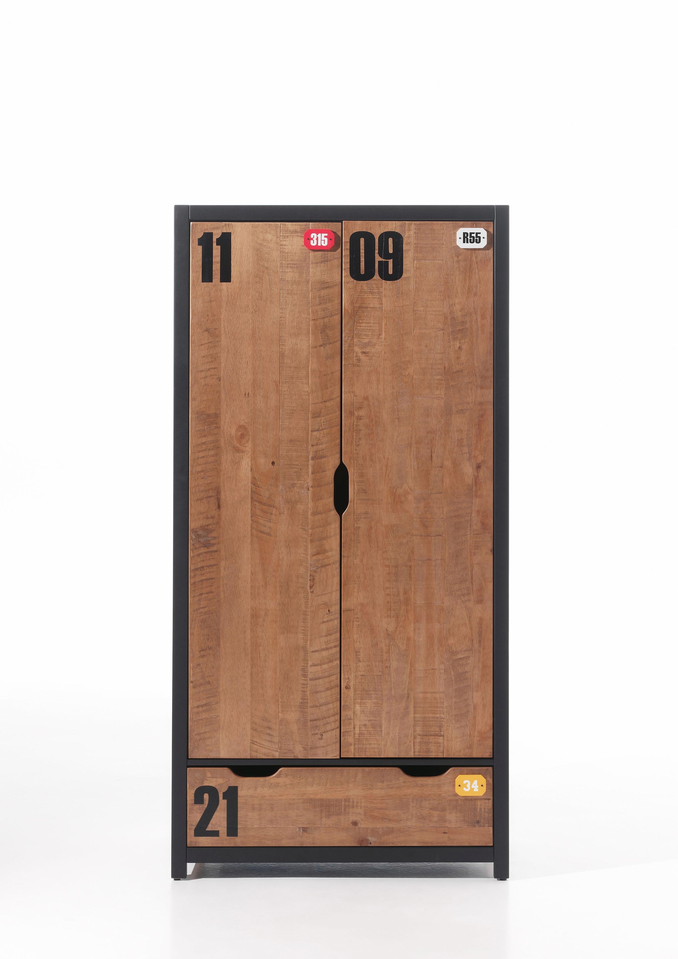 Image of Vipack Kleiderschrank "Alex, Fronten massiv Kiefer in Hobel-Optik, Dekor Ziffern" H/T ca. x200x55cm, Rahmen schwarz, wahlweise 2 Breiten, inkl. Schublade/n, innen mit Kleiderstange