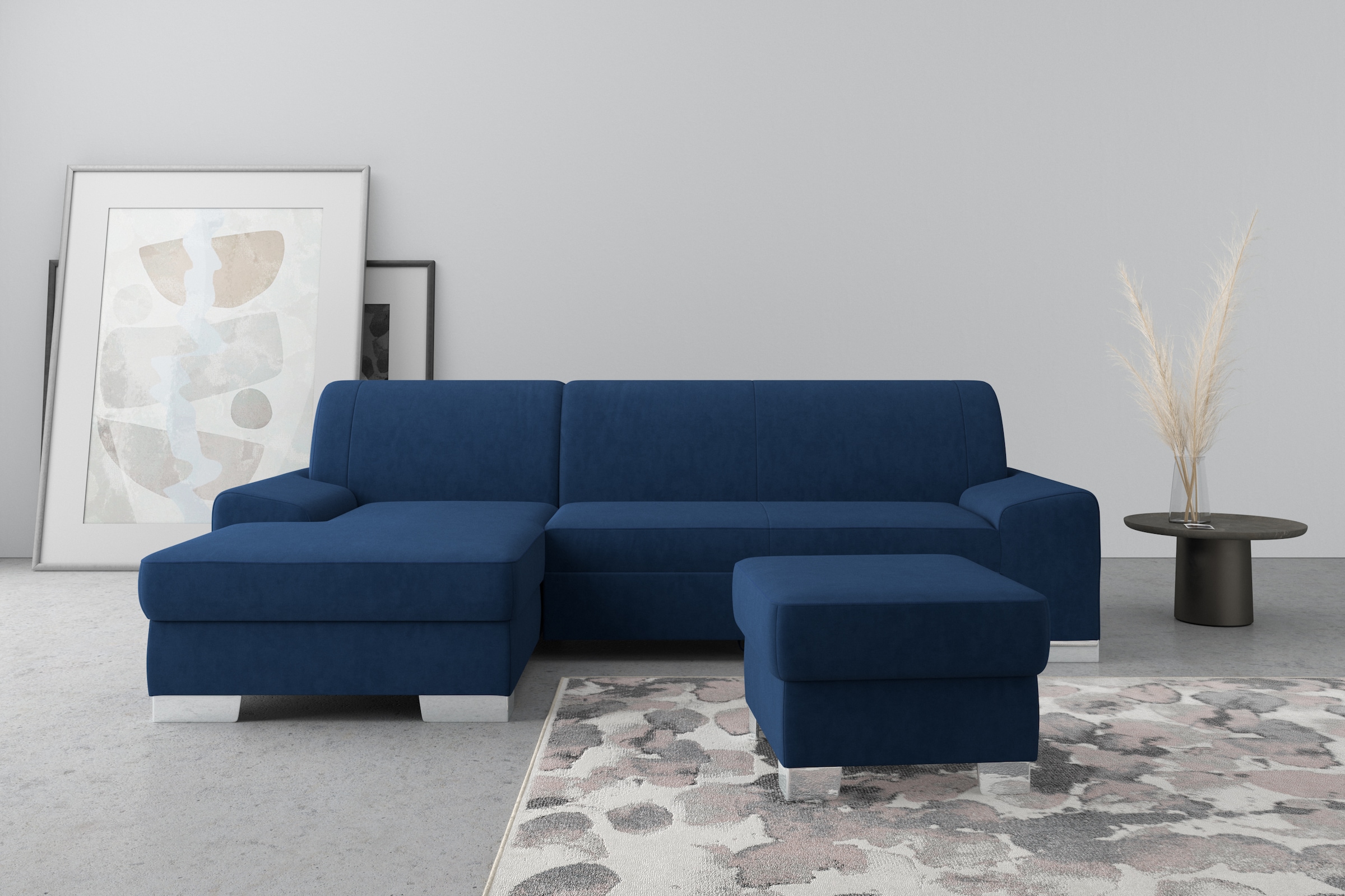 Image of DOMO collection Ecksofa "Anzio L-Form, whlw. Bettfunktion, Federkern, hochwertig, Breite 271 cm" Ohne Bettfunktion, Recamiere links, Samtoptik, marine