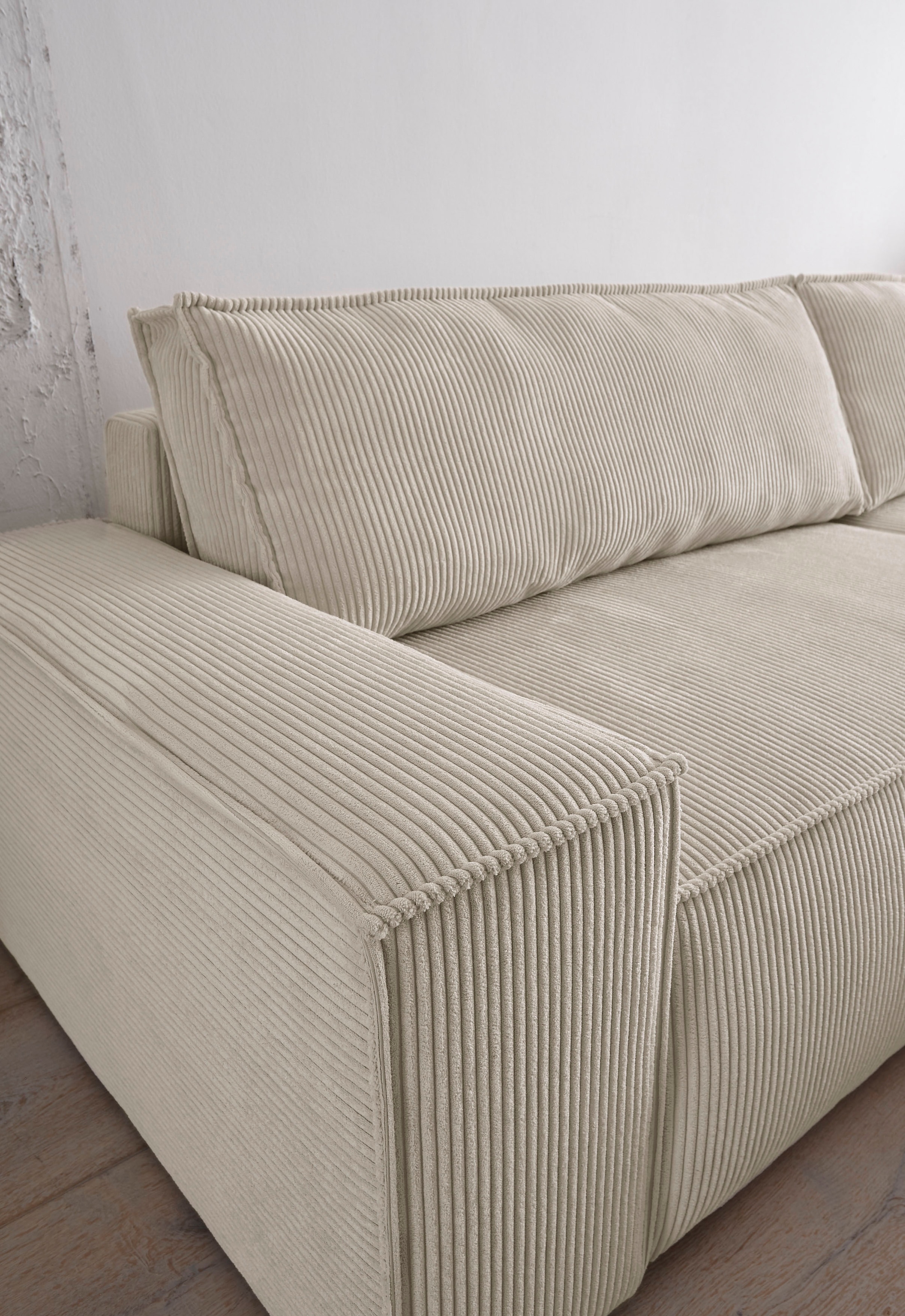 GOODproduct 3-places »SHERWOOD Schlafsofa (257cm) Cord, Samtvelours, Vintage-Lederoptik« Schlaffunktion mit Bettkasten (ca. 136/200cm)