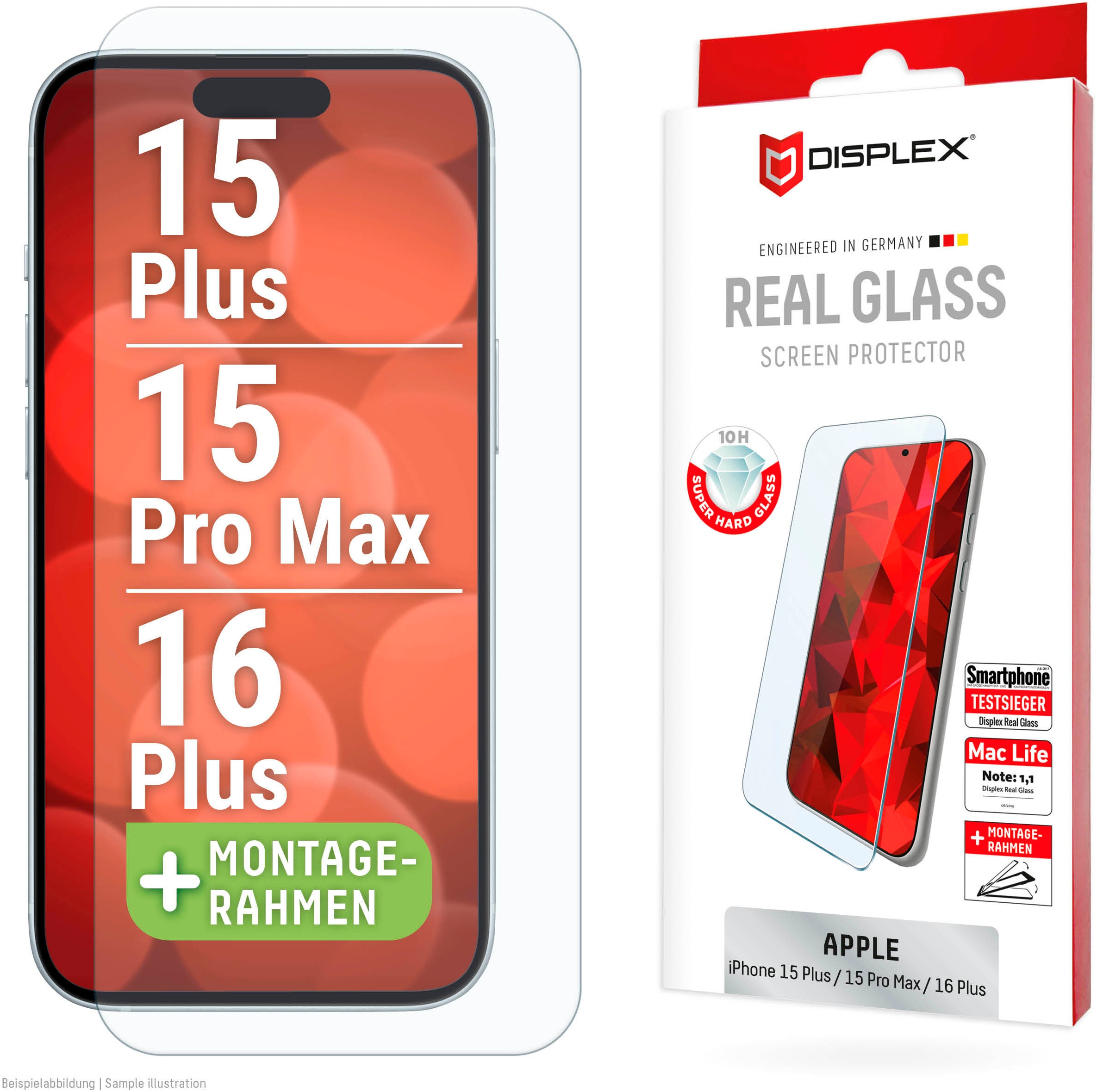 Image of Displex Displayschutzglas "Real Glass Screen Protection" für Apple iPhone 16 Plus;Apple iPhone 15 Plus;Apple iPhone 15 Pro Max Displayschutzfolie, Schutzfolie, Bildschirmschutz, kratz- & stossfest