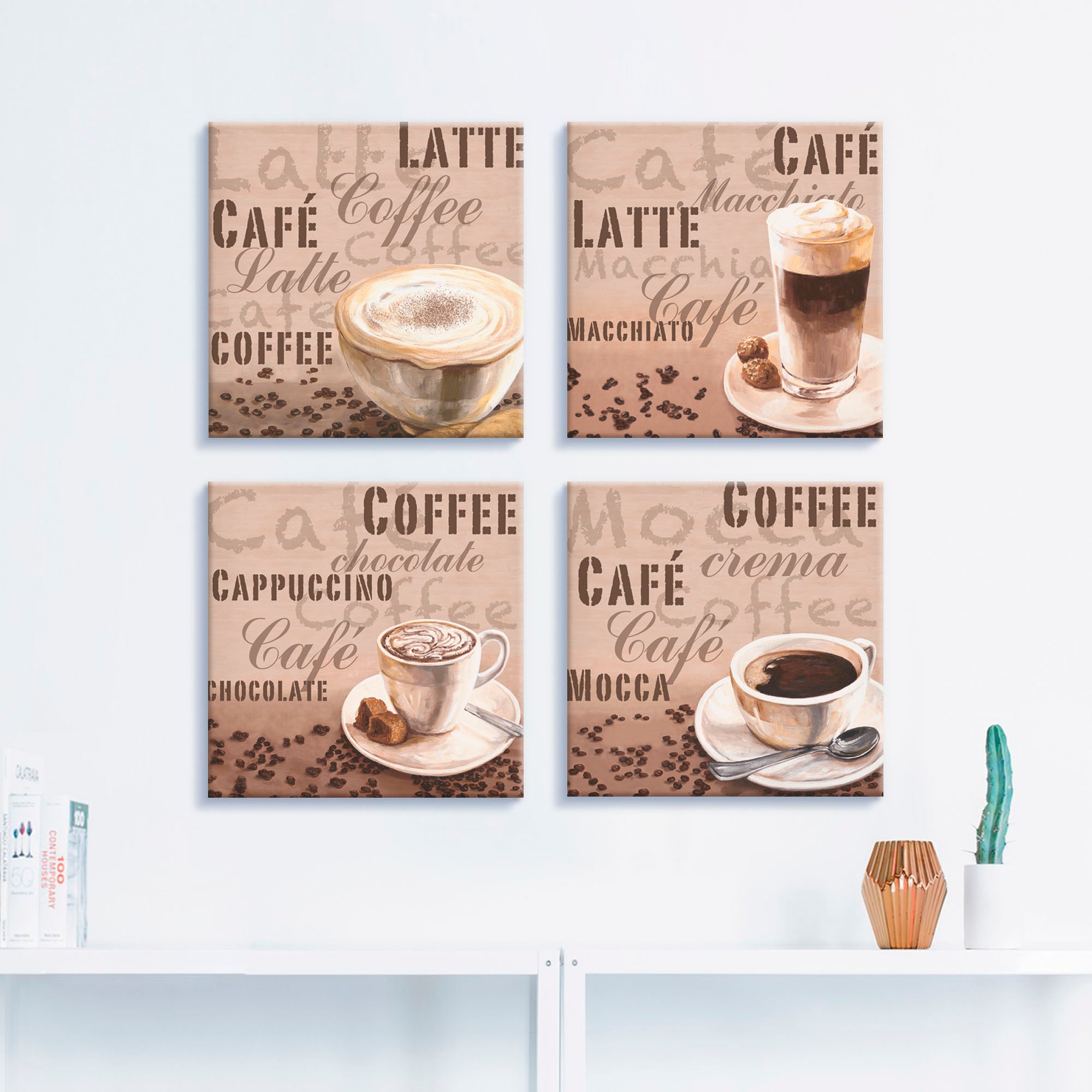 Artland Tableau sur toile »Milchkaffee Latte MacchiatoChocolate« Boissons 4 cuis tlg. lot de 4, différentes tailles