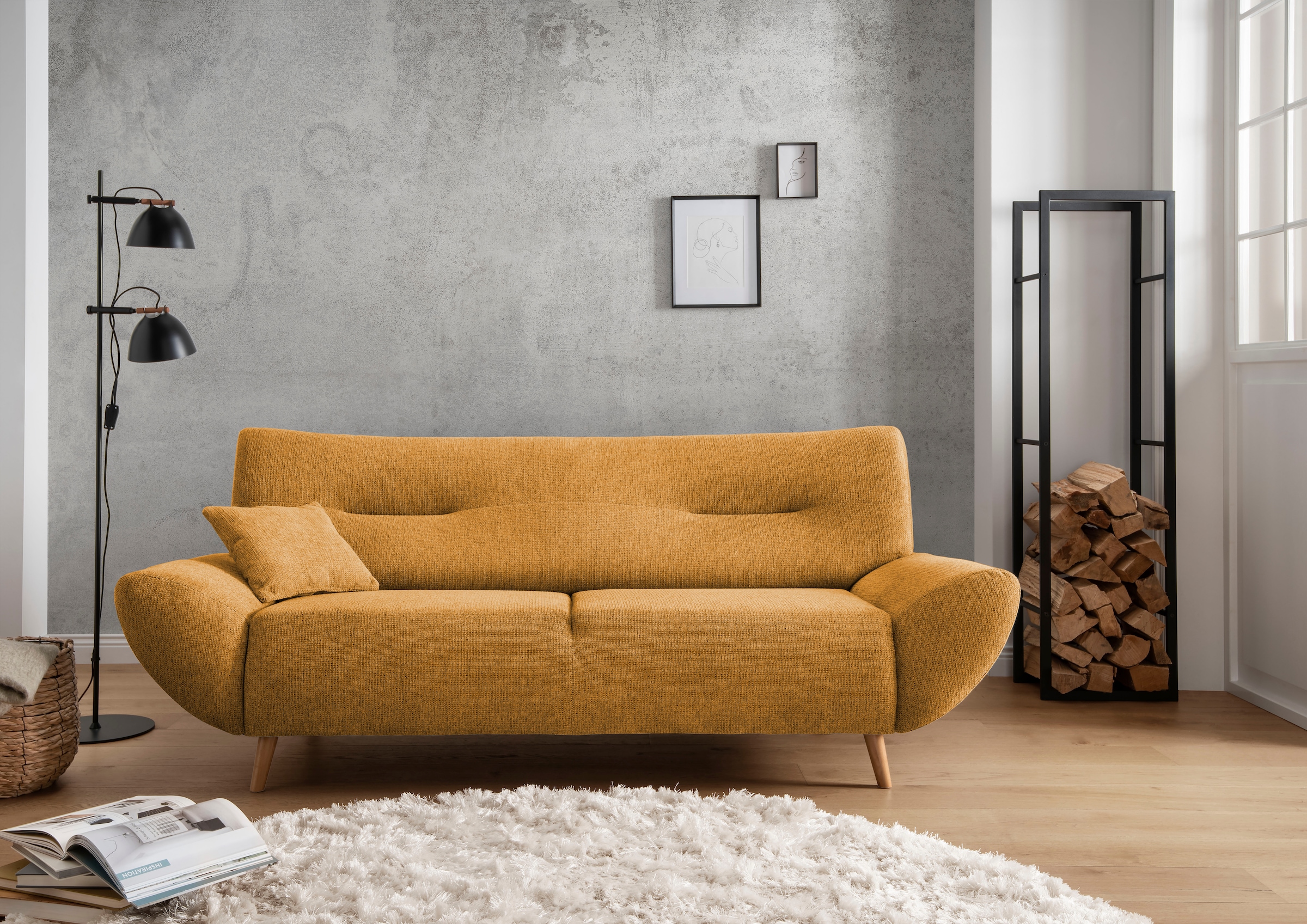 Image of Home affaire 3-Sitzer "Drago Wellenunterfederung, Breite 205cm, Holzfuss" frei im Raum stellbar, inkl. 1 Zierkissen