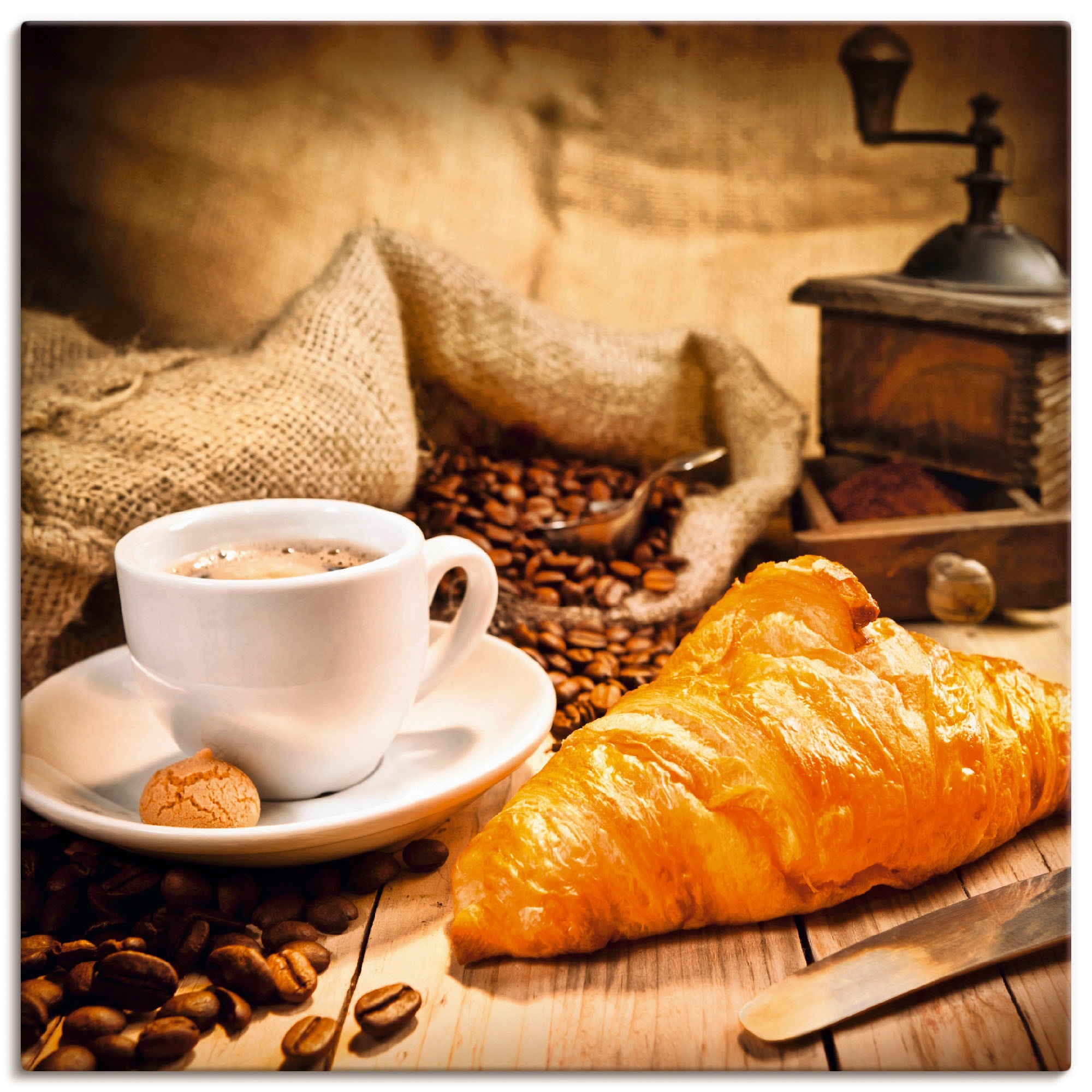Image of Artland Leinwandbild "Kaffeetasse mit Croissant" Getränke 1 Stk. tlg. auf Holzrahmen gespannt