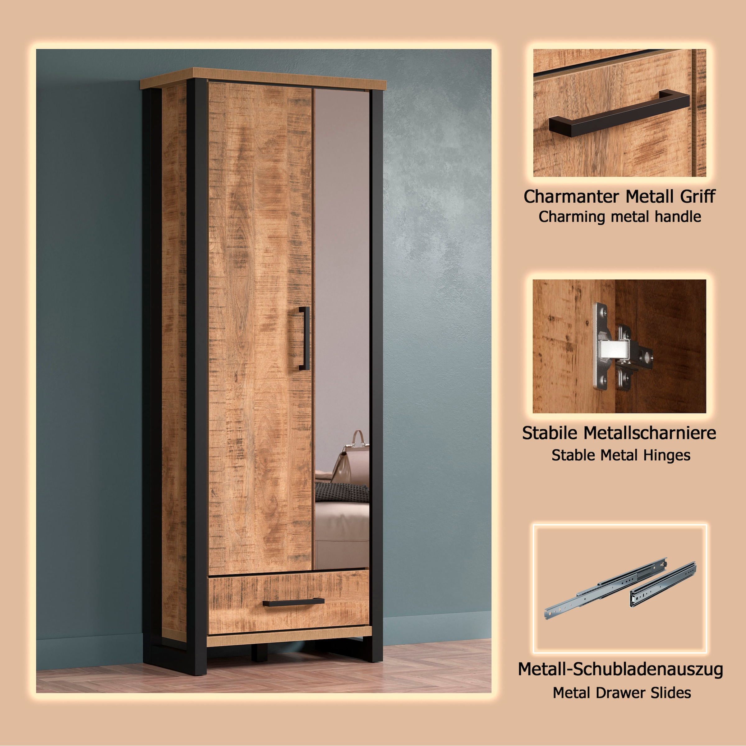 Home affaire Armoire vestiaire »Elda« 1 cuis tlg. Schrank mit ausziehbarer Kleiderstange, 2 Türen – (B/T/H) 73/39/195 cm