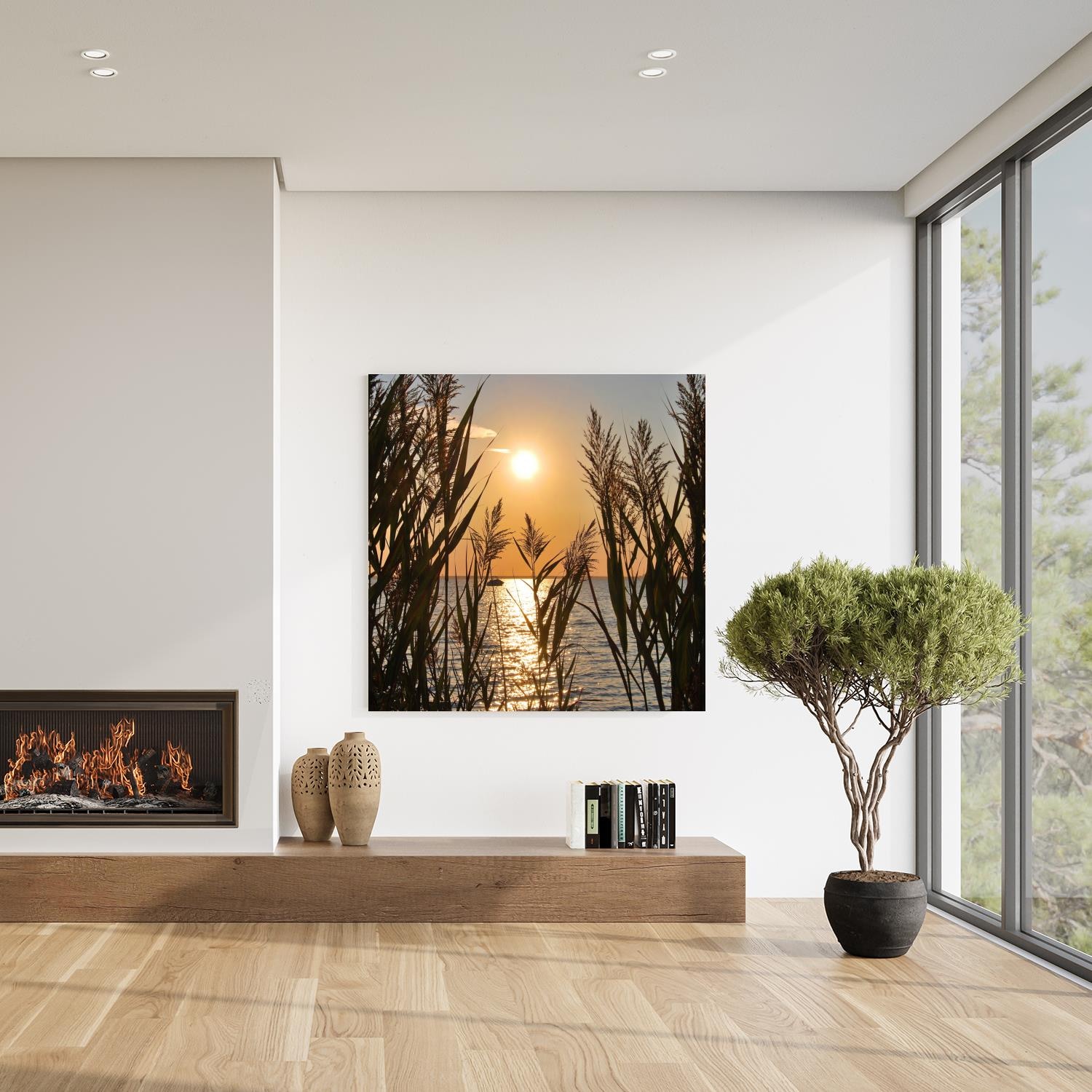 Image of queence XXL-Wandbild "Akustikbild Seelandschaft Gräser" Bilder vom Sonnenuntergang & -aufgang Gräser Natur Romantisch See Seebilder Seelandschaft 1 Stk. tlg. Einfache Akustiklösung ohne Baumassnahme, Schalldämmung, Paneele