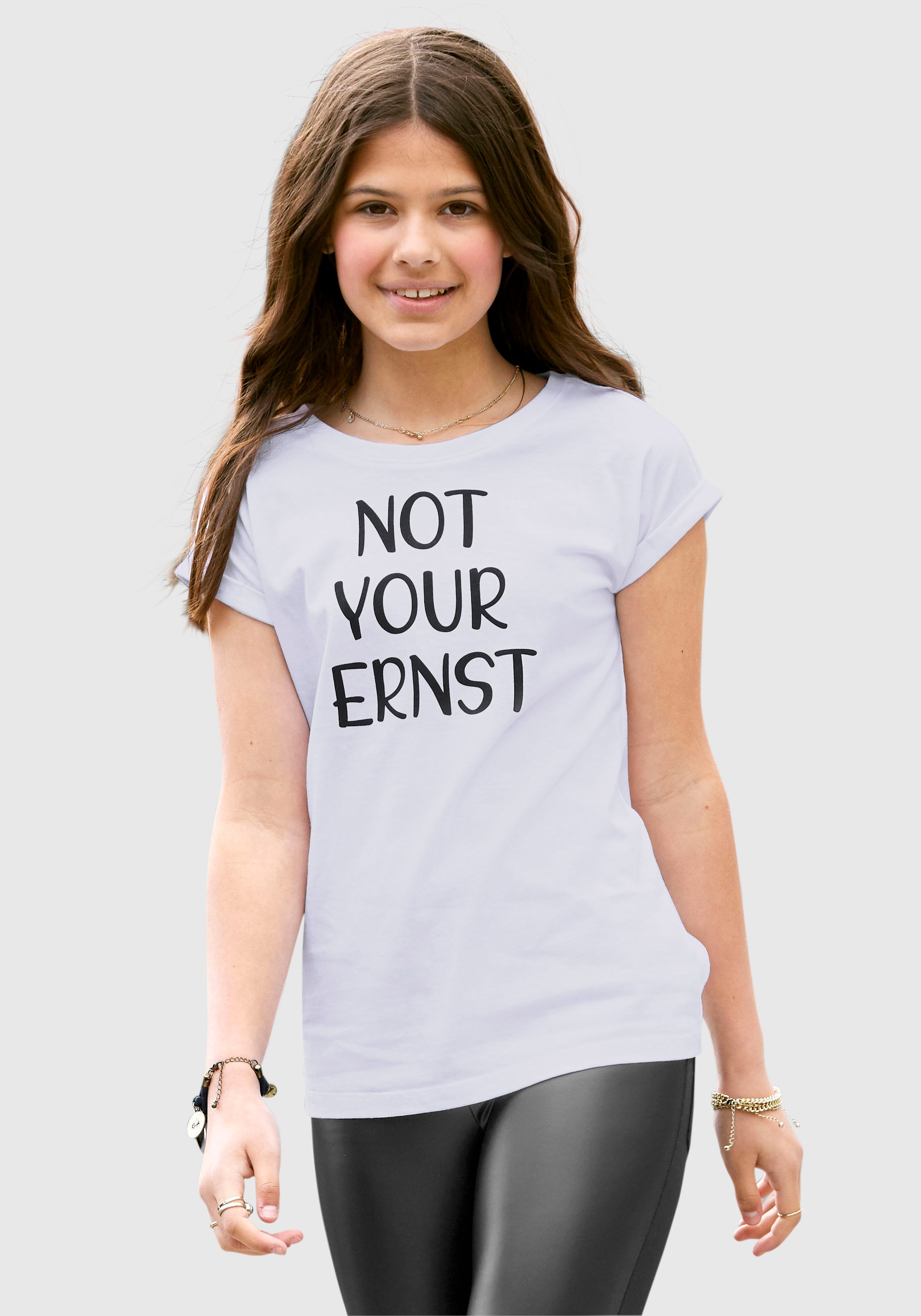 T-Shirt »NOT YOUR ERNST«, legere Form mit kleinem Ärmelaufschlag