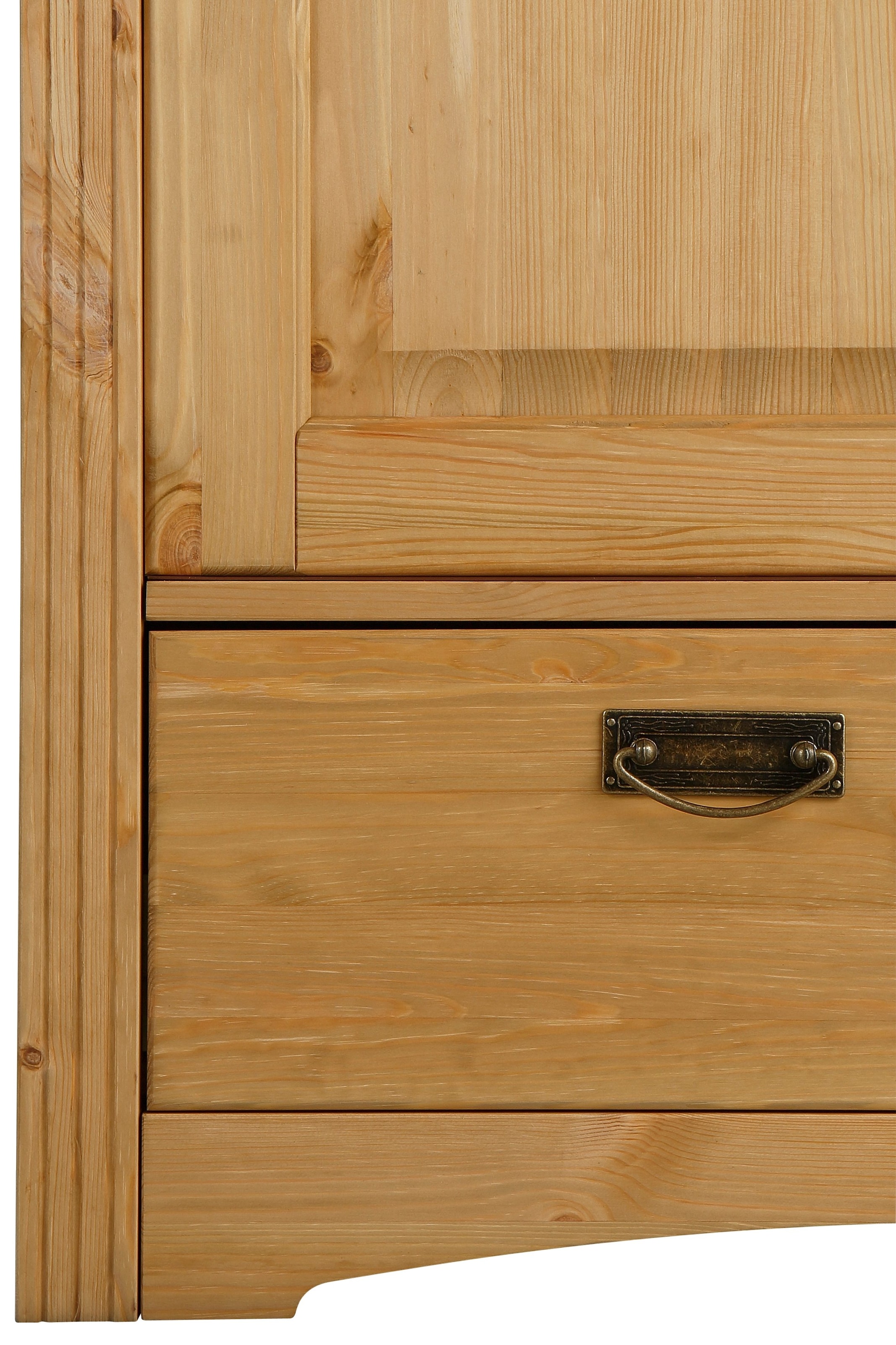 Home affaire Schiebetürenschrank »Konrad, Landhausstil, rustikal, mit Schubladen + Spiegel, Kassetten« 3 Breiten: 153/202/249 cm  H/T ca.207/64 cm,  massive Kiefer, FSC®-zertifiziert, Messinggriffe, mehrere Varianten