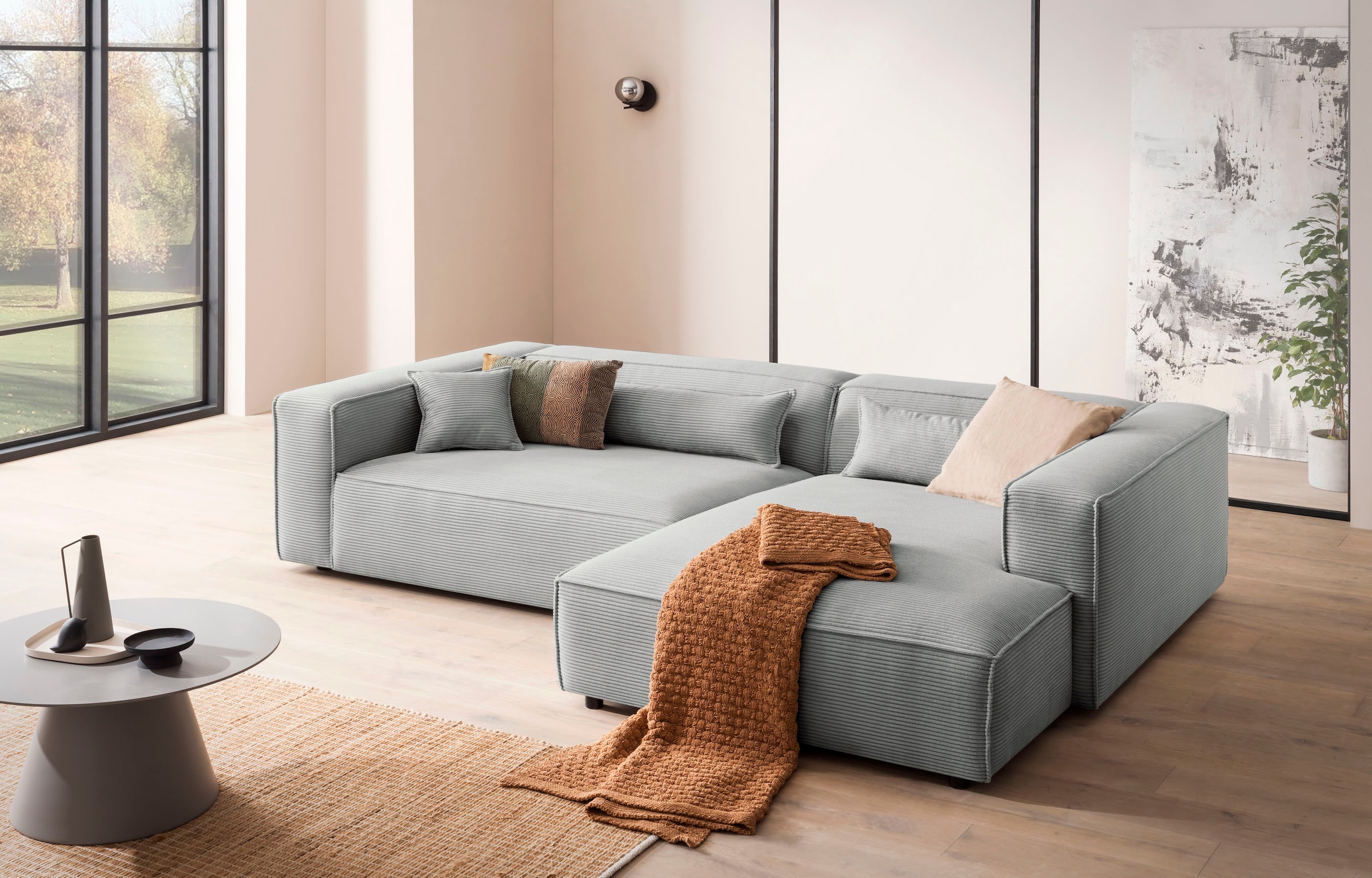 LeGer Home by Lena Gercke Ecksofa »PIARA XXL, Big-Sofa in Cord oder Leinenoptik, L-Form, mit Kedernaht«, wahlweise Ottomane rechts/links, schwarze Füsse, extra tiefe Sitzfläche