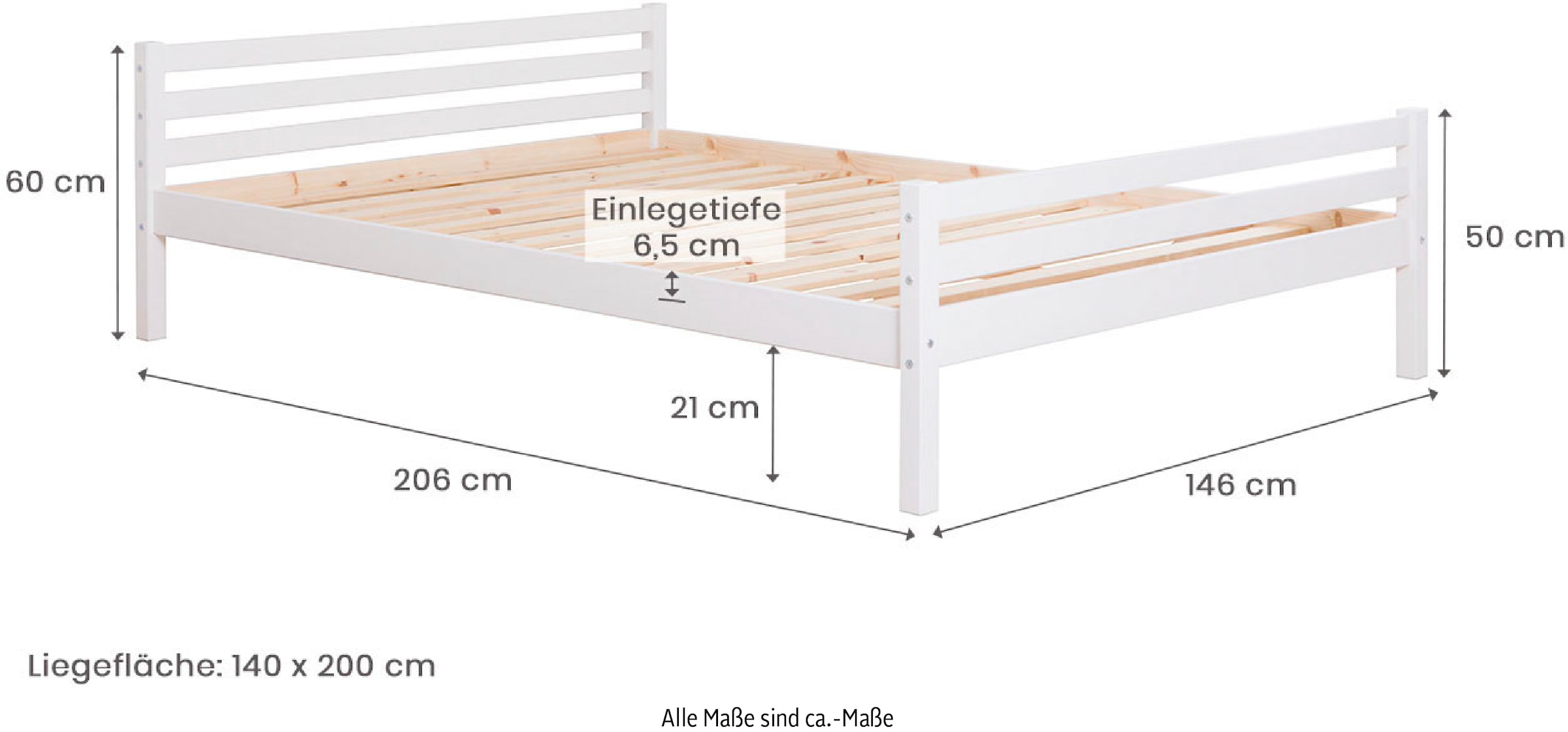 Ticaa Jugendbett, Futonbett in diversen Breiten, Kiefer, mit Rollrost