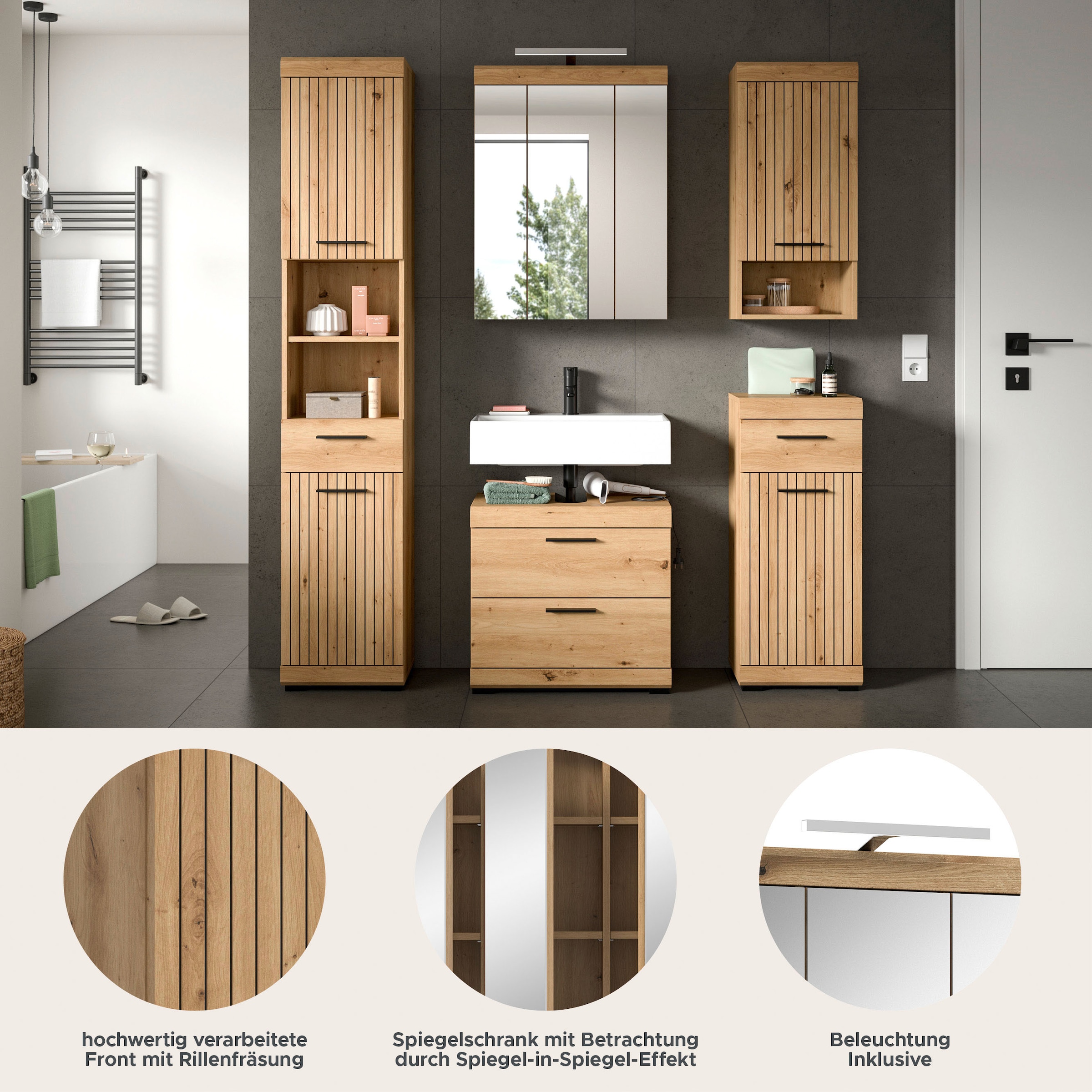 welltime Badmöbel-Set »SIENA, 5 teilig, inklusive LED Beleuchtung, bestehend aus:« Set, TOPSELLER!, 5 Stk. tlg.