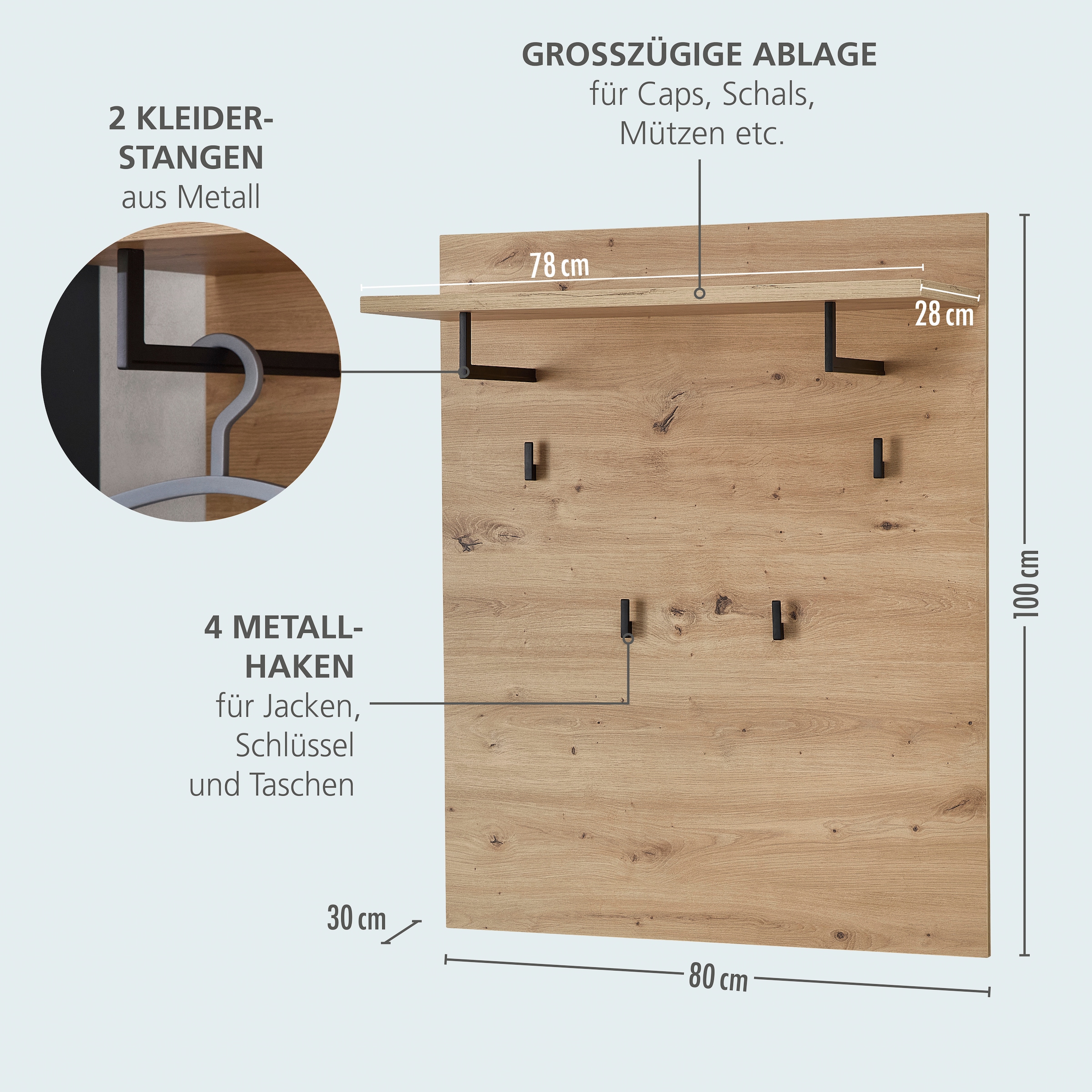 GOODproduct Regal »Bergen Garderobenpaneel, 80x100x30cm (B/H/T)« 1 Stk. tlg. 4 Haken, Ablage, Kleiderstange