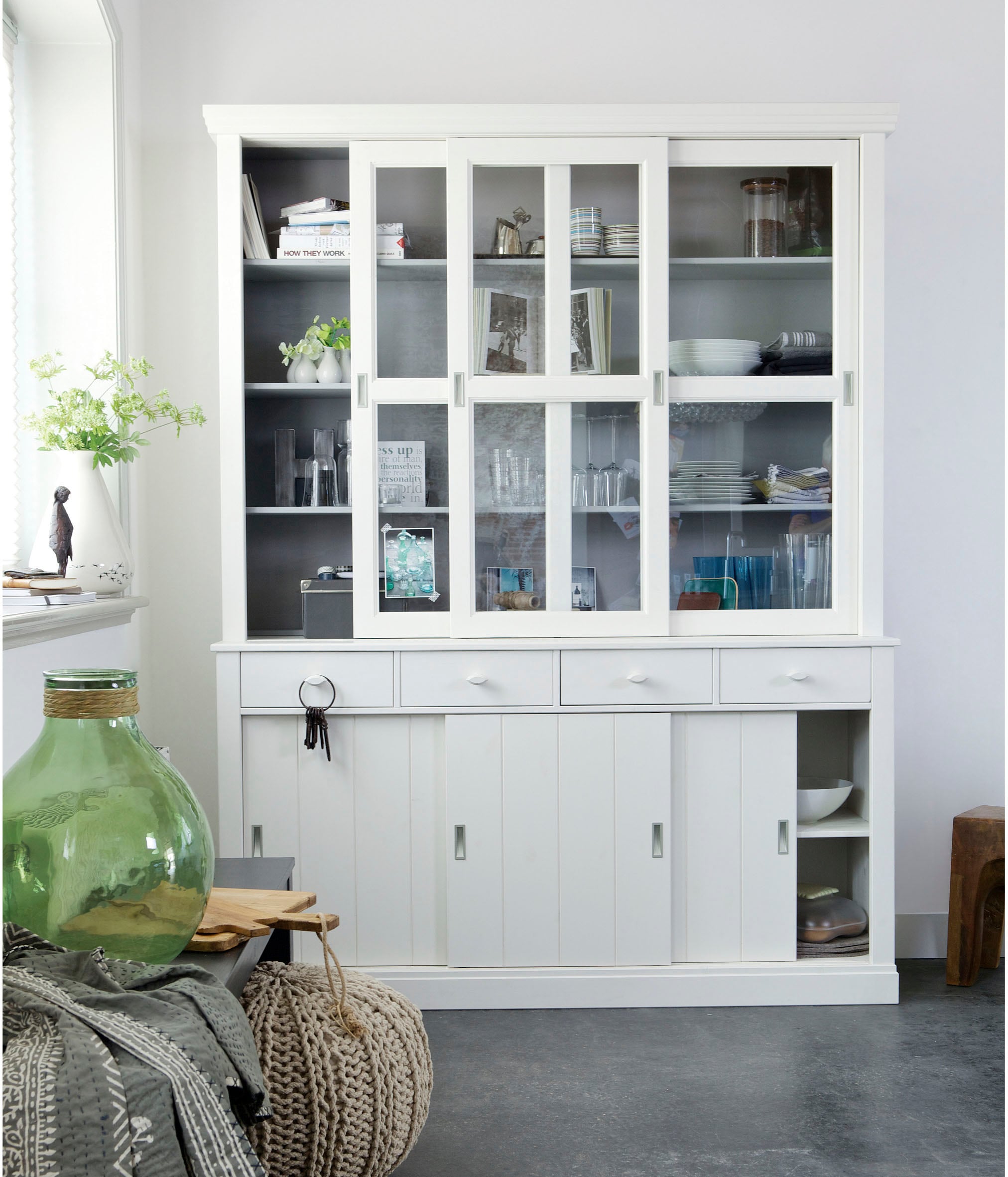 WOOOD Buffet »Lagos mit FSC® Massivkiefer und Glastüren B 166 x T 48 x H 215 cm« Tragkraft 10 kg, inkl. Sicherheitsglas, 2-teilige Konstruktion