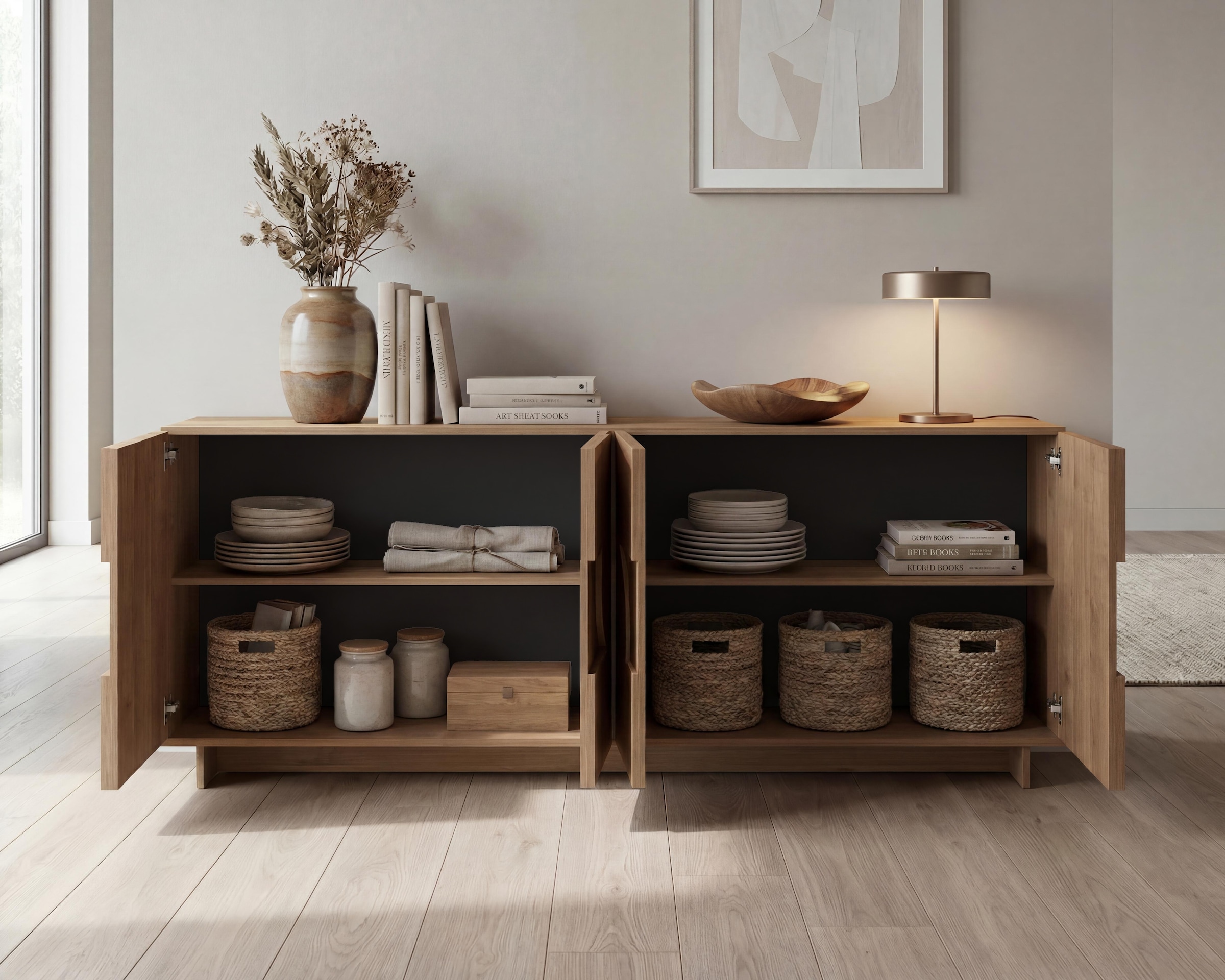 Home affaire Buffet »Zen, 205 cm breit, 4 Türen, Anrichte, Kommode, Stauraumschrank« ouverture par pression, façades 3D, structure bois Mercure, beaucoup de rangement,