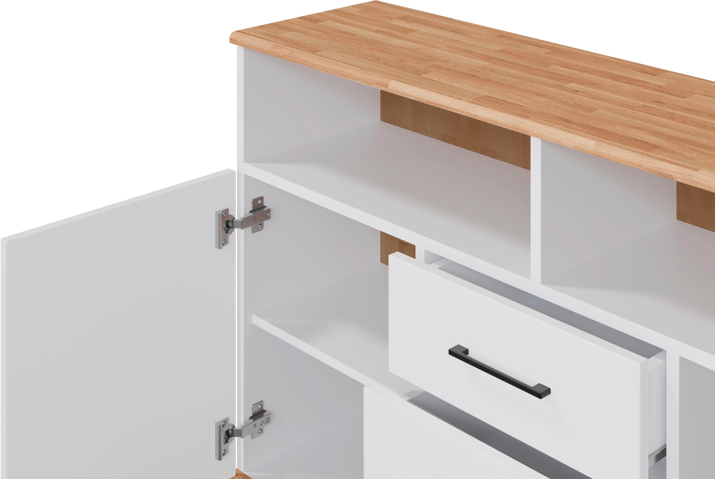 Home affaire Sideboard »Ribe,130cm breit,80cm hoch, 6 Fächer«, Oberplatte Eiche massiv,schwarze Metall Griffe