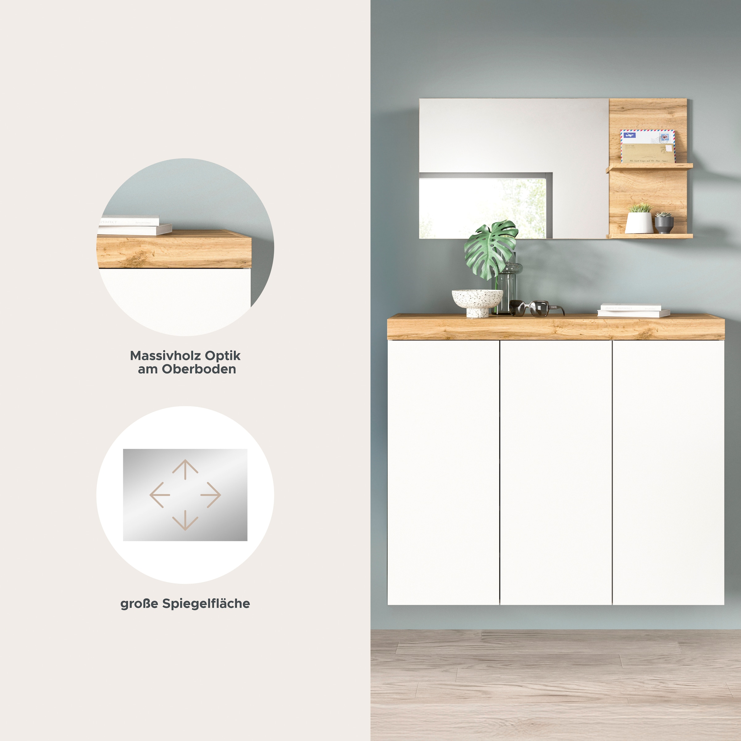 GOODproduct Ensemble de vestiaires »MAMBO, TOPSELLER!, 2-teilige Kombination, stehend & hängend montierbar« bestehend aus: Kommode, Spiegel, 2 cuis tlg.