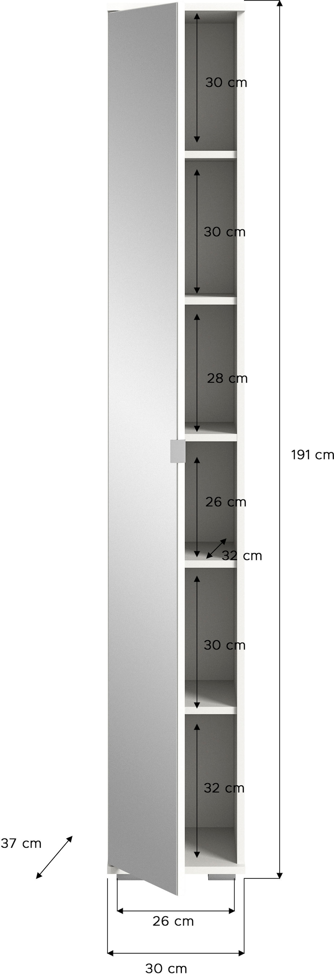 INOSIGN Garderobenschrank »Valge, Höhe 191 cm, 1 Spiegeltür, 6 Fächer,4 verstellbare Einlegeböden«, Hochschrank, Spiegelschrank, Schuhschrank, Flurschrank, Dielenschrank