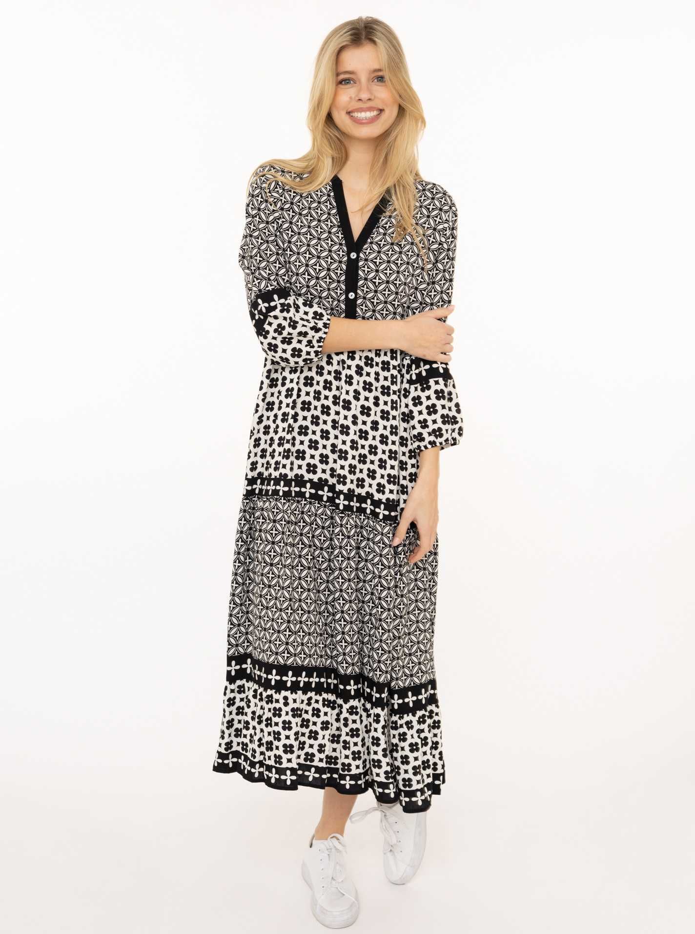 Image of Zwillingsherz Maxikleid ""Geometric"" Ohne Taschen Ornamentmustermix, Knopfleiste, 3/4 Arm