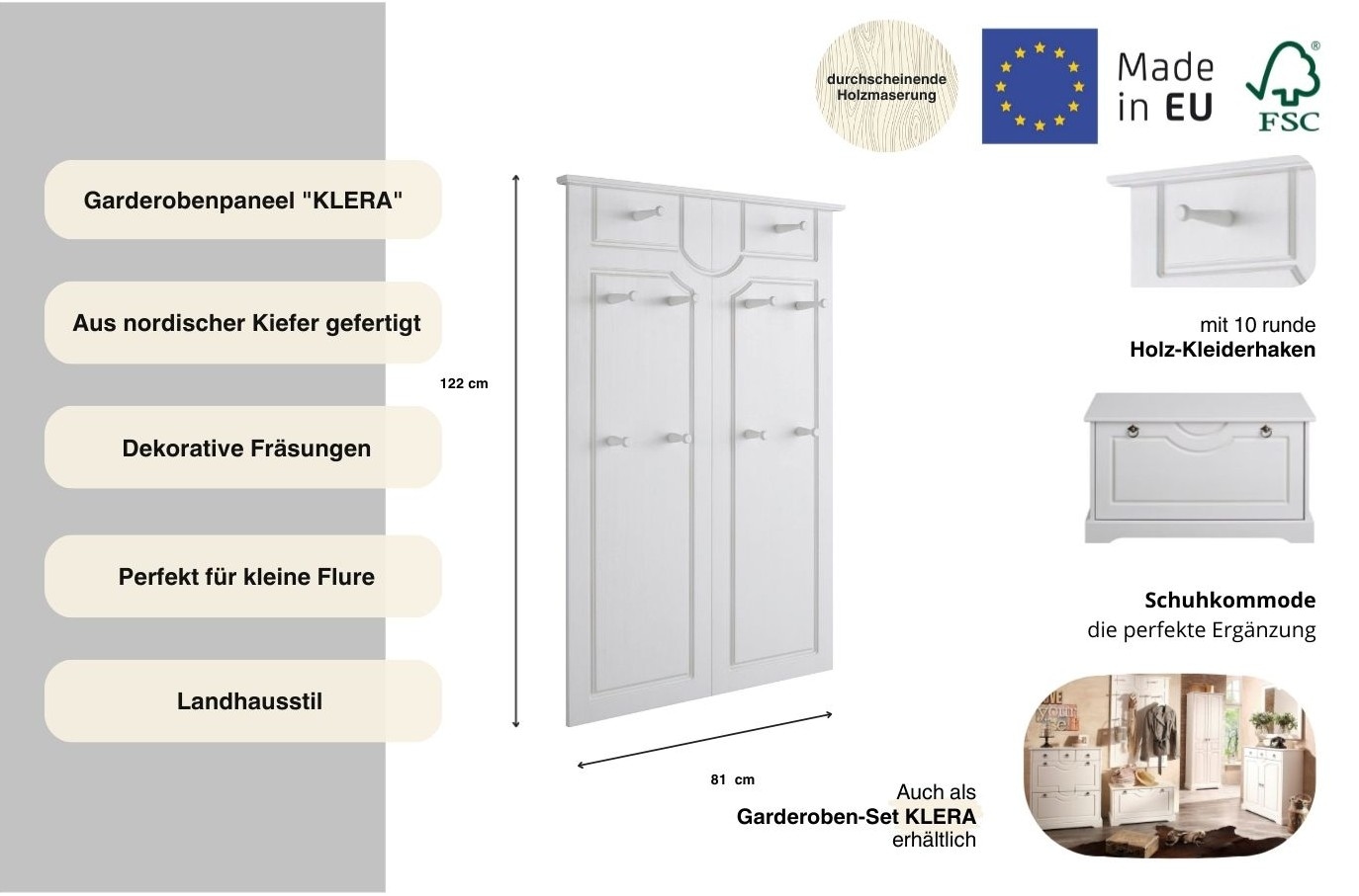 Home affaire Garderobenpaneel »Klera« Mit 10 Kleiderhaken, aus massiver Kiefer