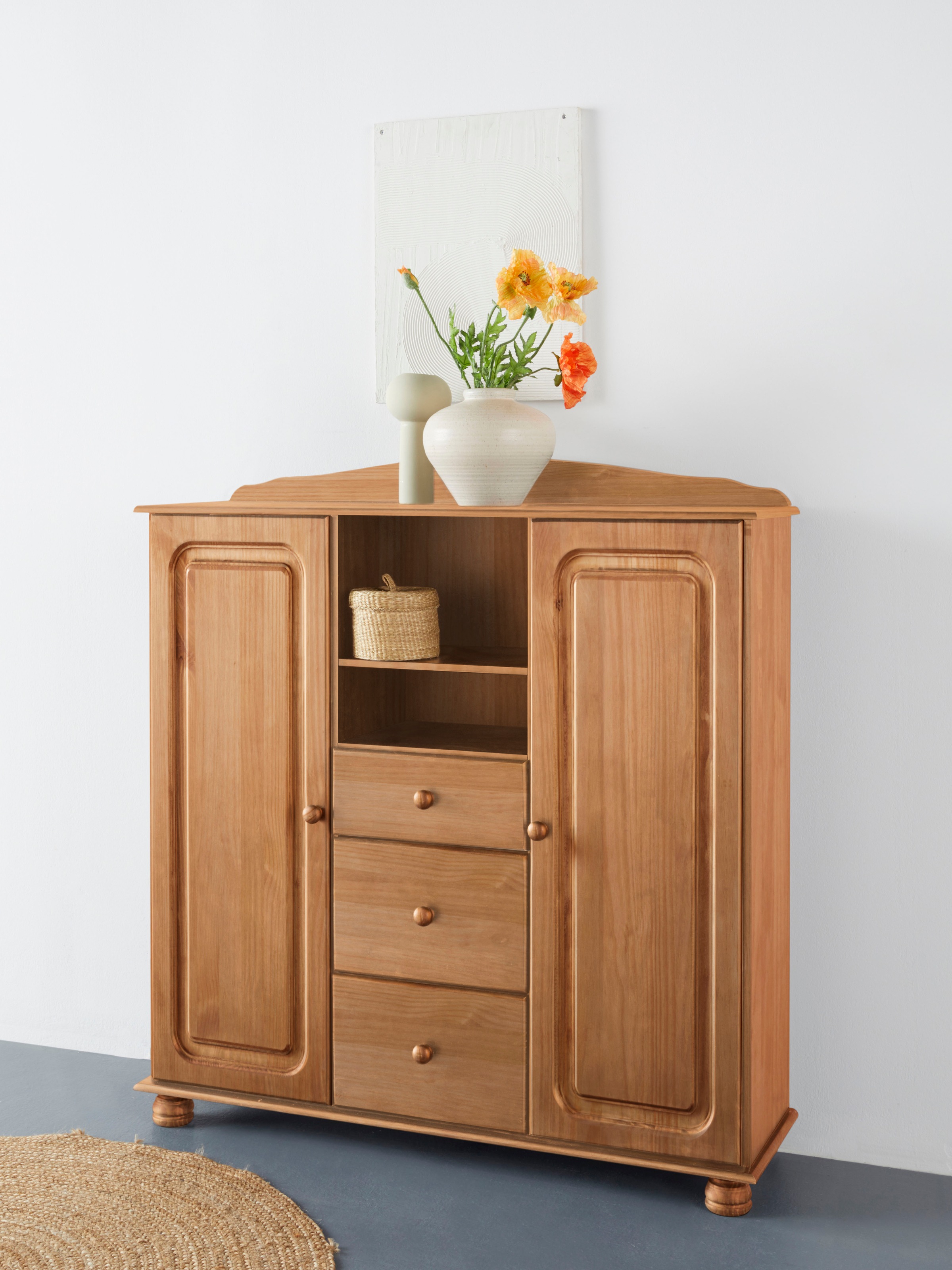 Image of GOODproduct Highboard "Mette Kommode mit 2 Türen, 3 Schubläden und 8 Fächer, Knopfgriffe" Stauraumschrank mit 3 Schubladen und verstellbaren Einlegeböden