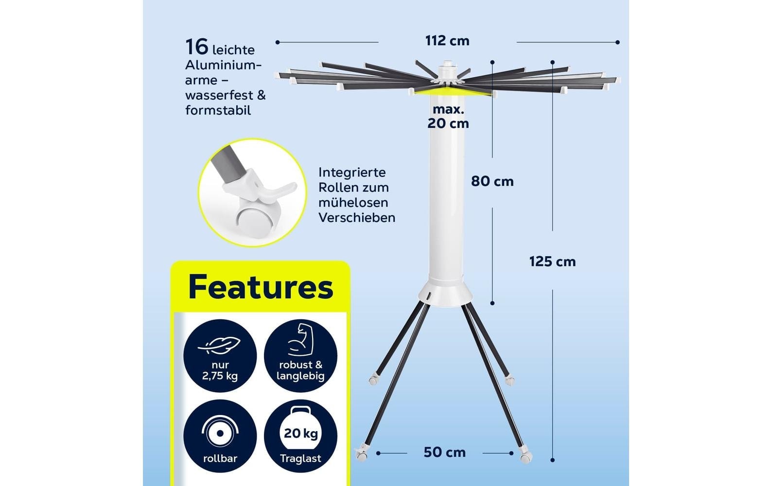 EASYmaxx Séchoir à linge »8 m Leine, 20 kg Wäsche« Wäscheständer mit ausziehbaren Armen