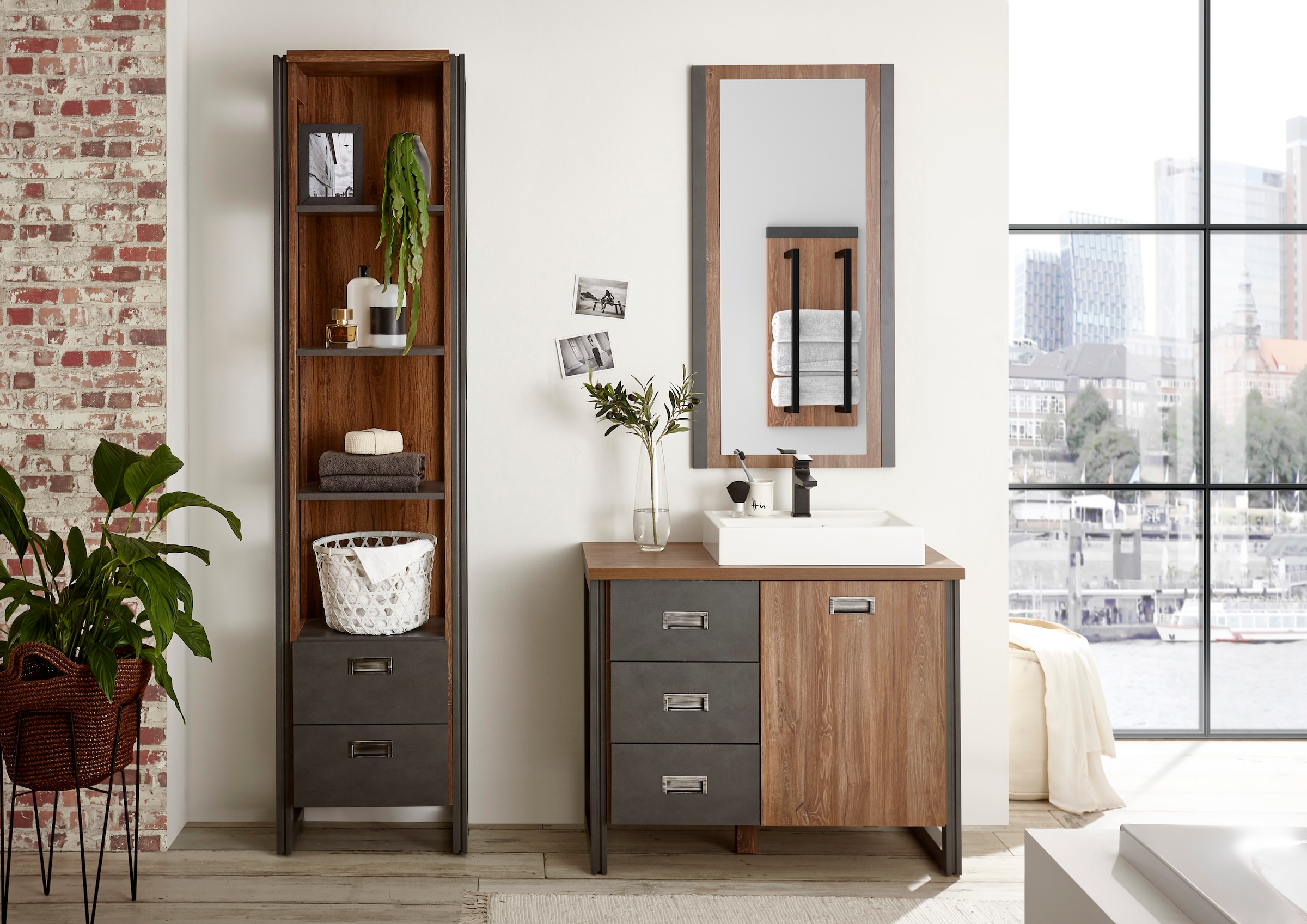 Home affaire Badmöbel-Set »Detroit, Bad im Industrialdesign, 3-teiliges Badezimmer«, (Set, 3 St.), Waschtisch, Regal & Spiegel, inkl. Aufsatzwaschbecken aus Mineralguss