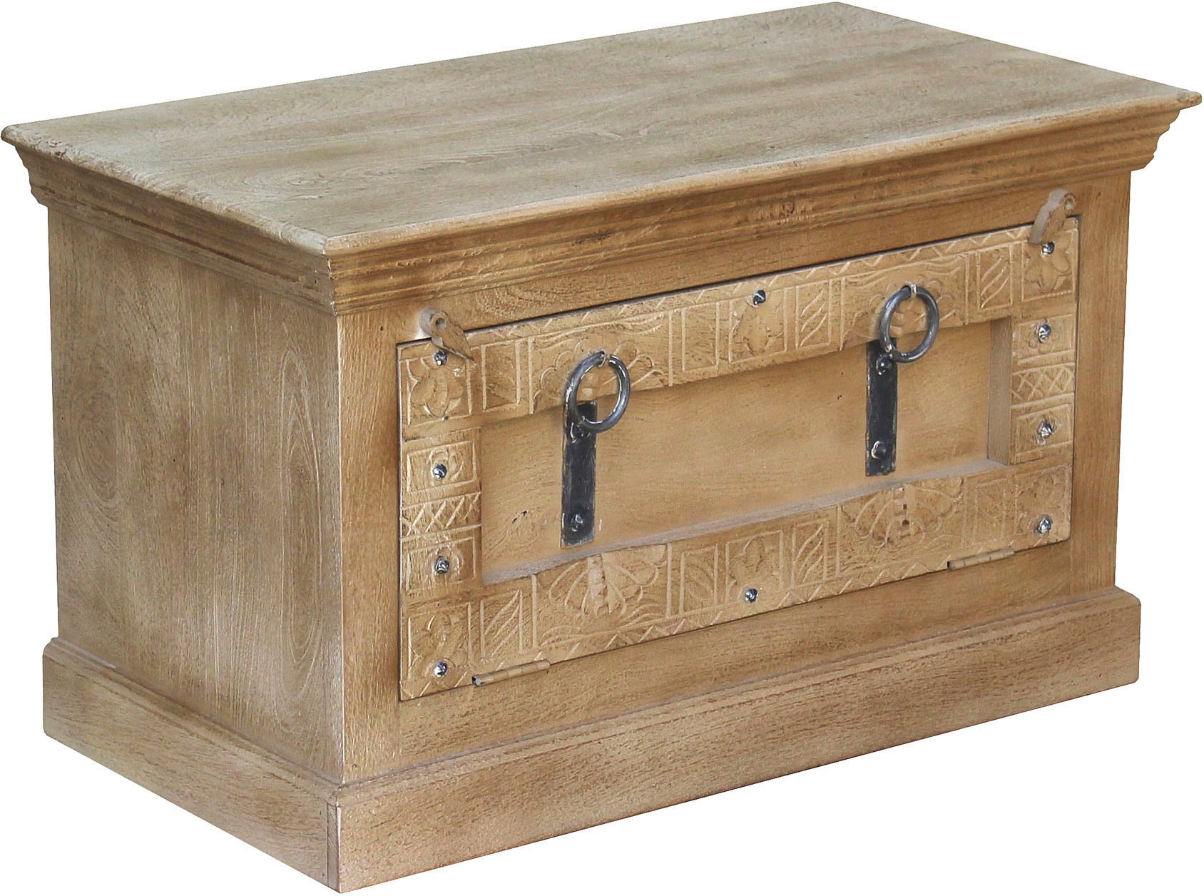 SIT Banc coffre »Berlin aus Mangoholz mit aufwendigen Schnitzereien & Schuhfach« banc avec compartiment à chaussures intégré pour environ 6 paires de chaussures
