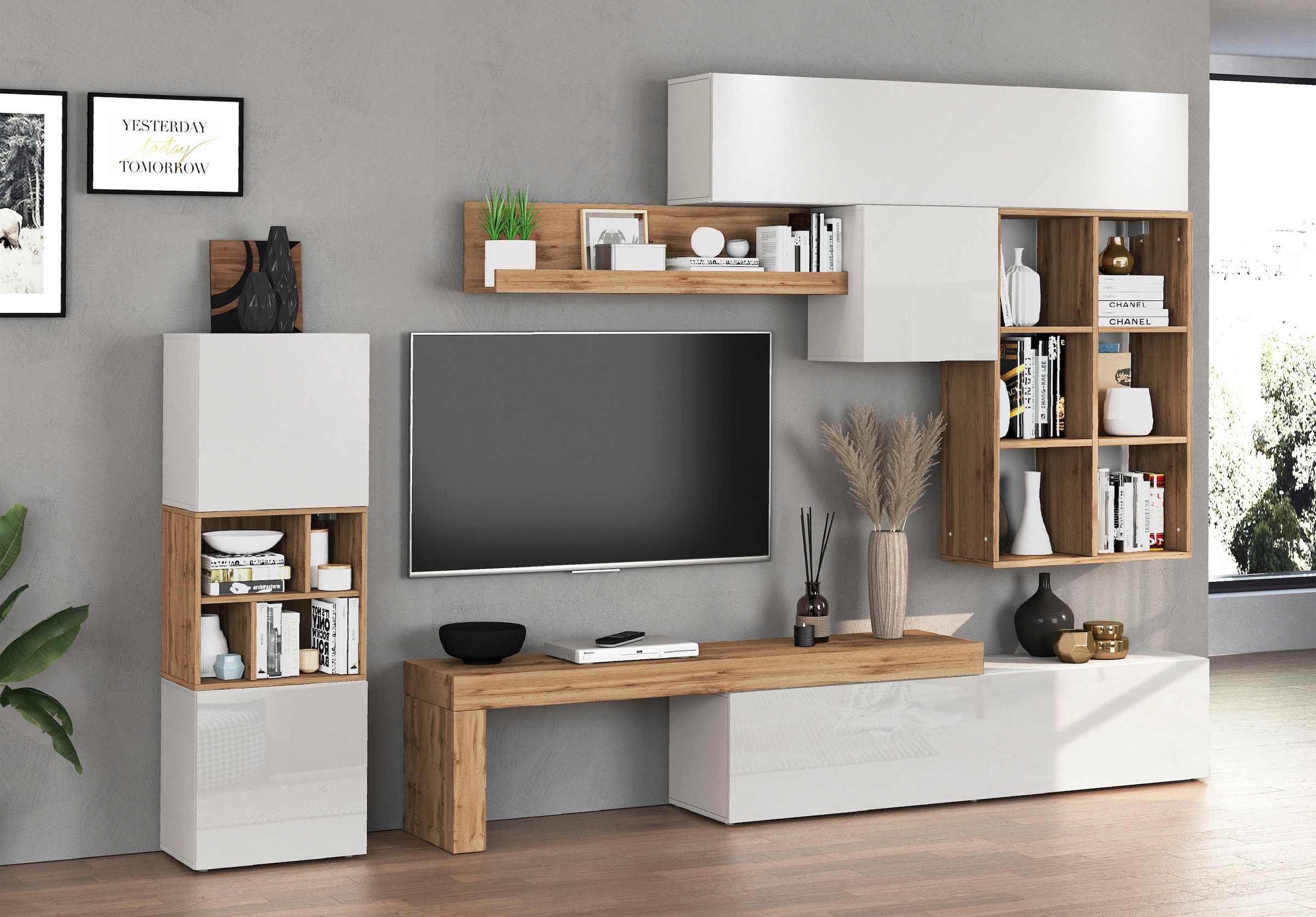 INOSIGN Wohnwand »Chronos Wohnwand, Medienwand, 8-er set«, (Set, 8 St.), ca. 320 cm mit Hängeschränke, Würfel, Regal, Lowboard, Made in Italy