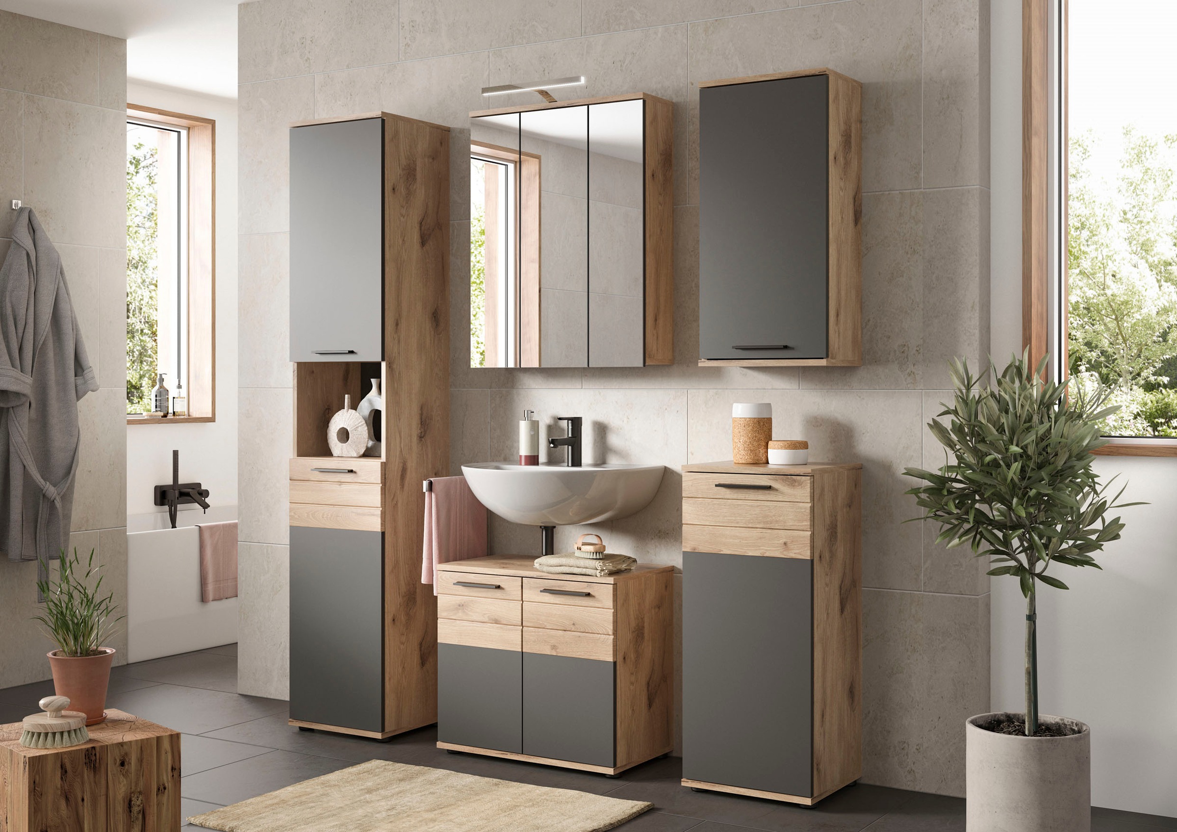 INOSIGN Badmöbel-Set »Riga, 5 teilig, bestehend aus:«, (Set, 5 St.), Hochschrank, WBU, Spiegel, Unterschrank, Hängeschrank