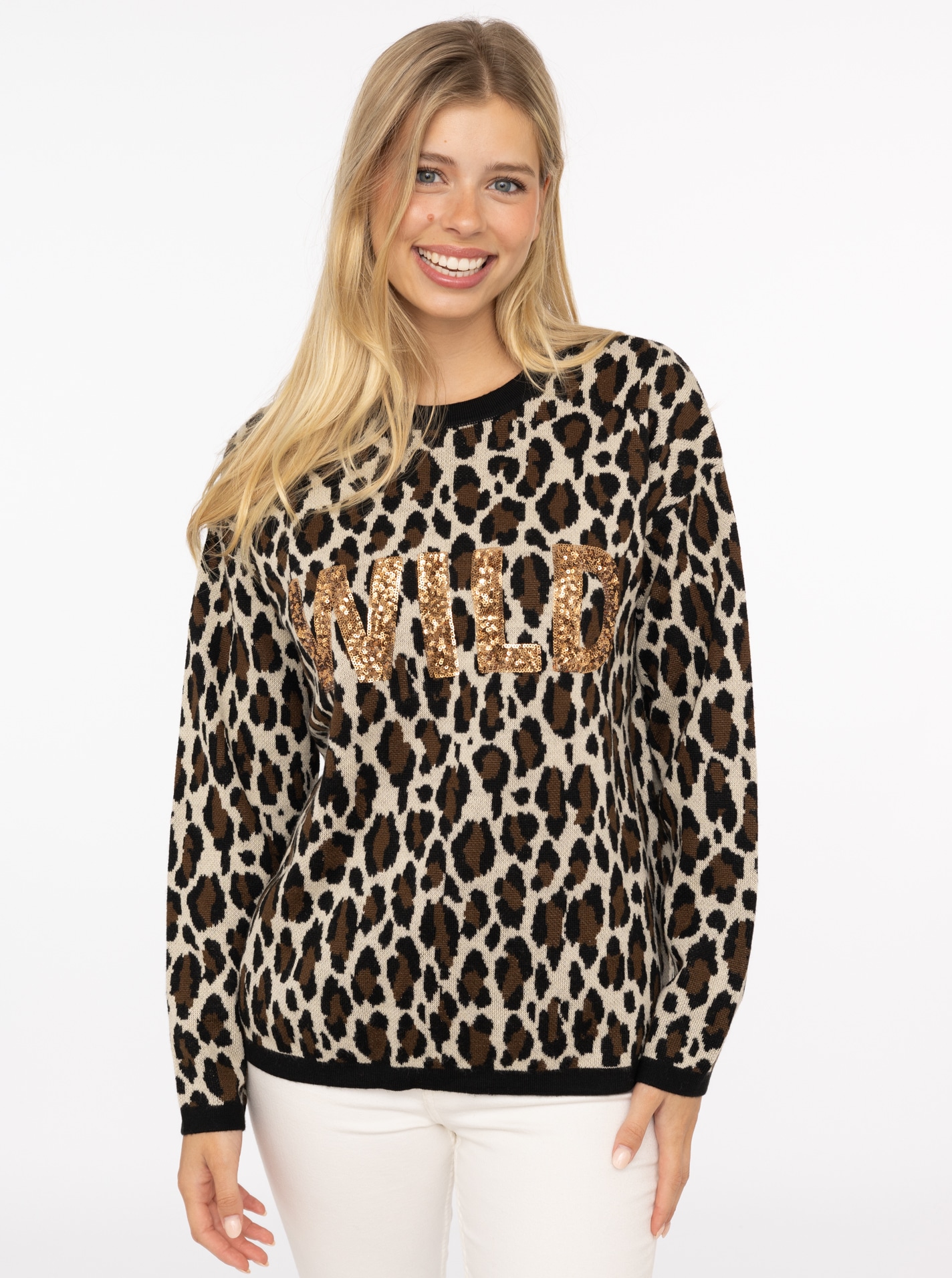 Image of Zwillingsherz Strickpullover ""Wild"" Rundhals Ausschnitt, Pailletten Motiv, abgesetzte Bündchen, Wollanteil