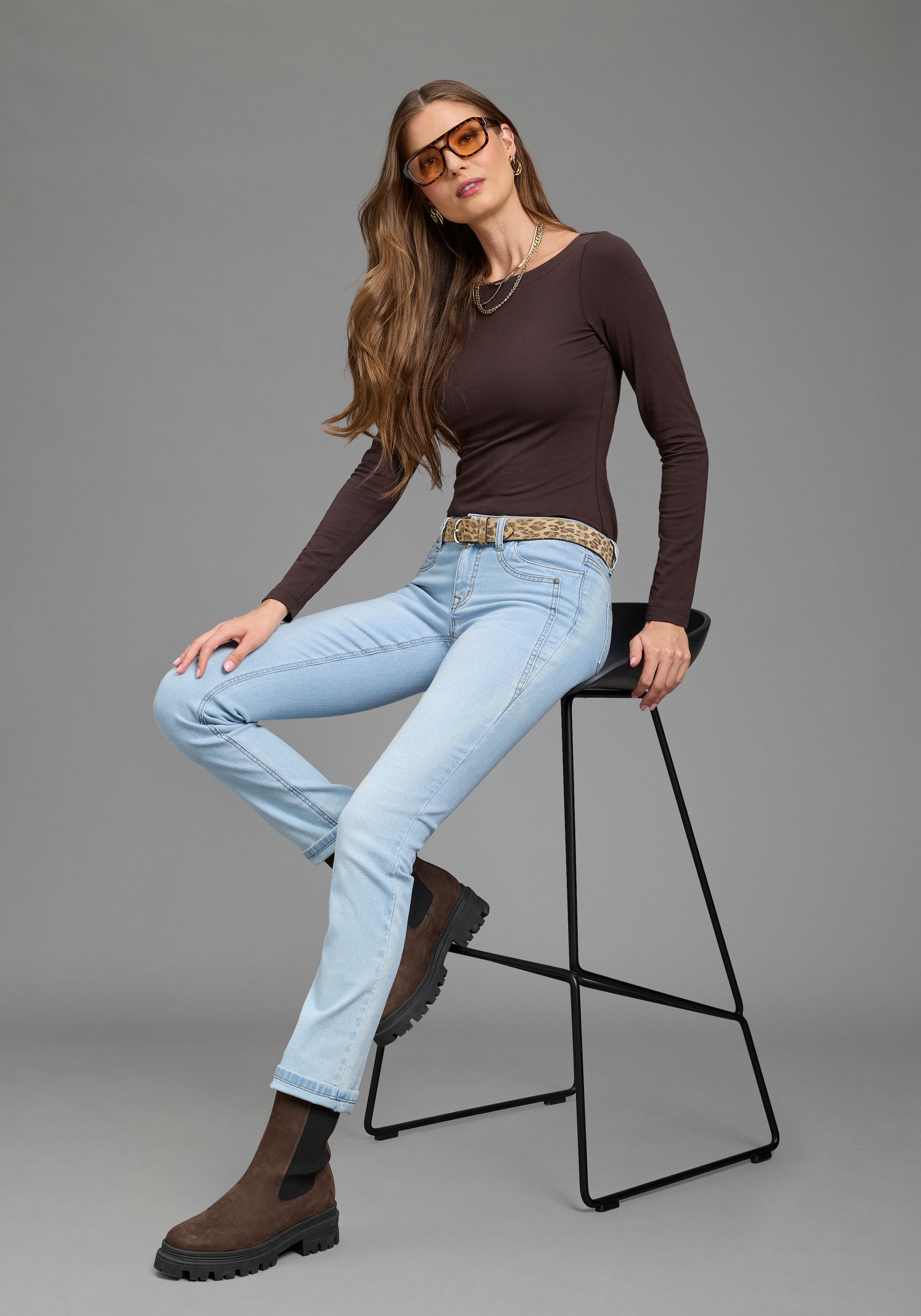 Laura Scott T-shirt à manches longues »mit U-Boot Ausschnitt« Paquet, pack de 2,  coupe ajustée, longueur couvrant les hanches, encolure bateau