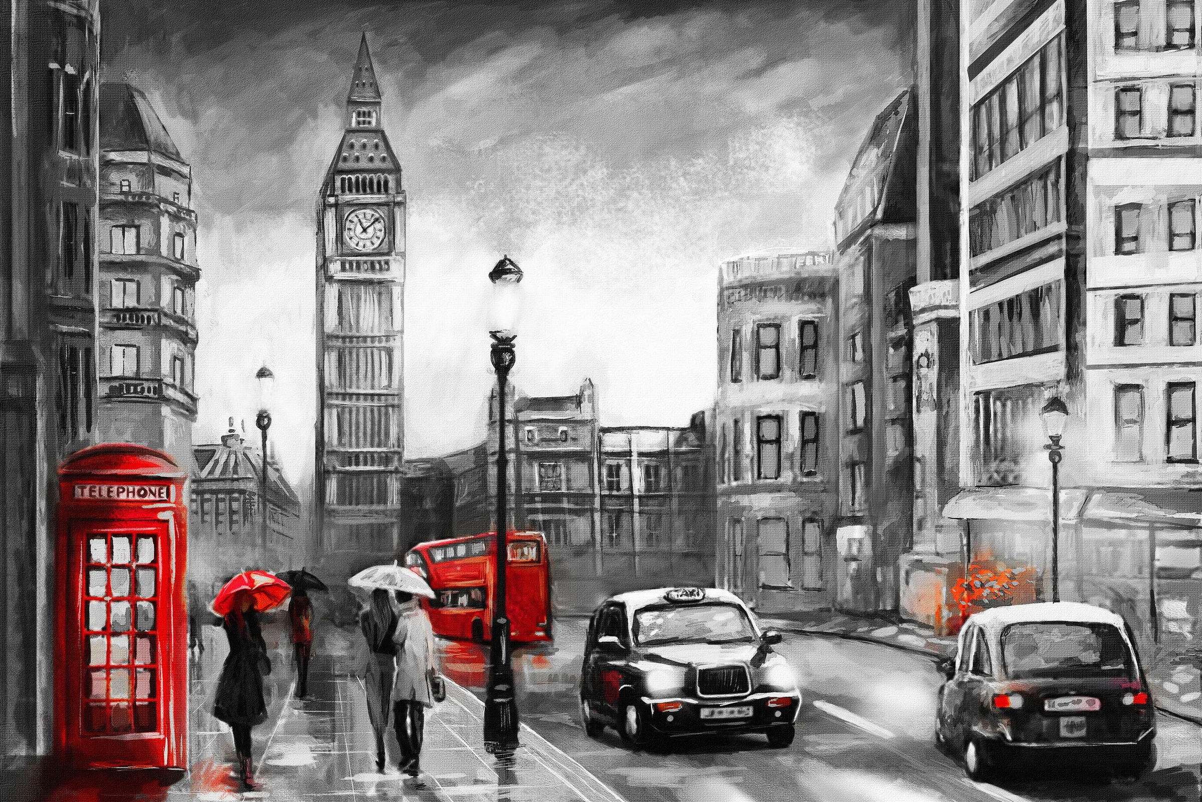 Image of GOODproduct Leinwandbild "London" Kunst London Menschen Modern Rain Schwarz-Weiss Städte Premium-Leinwandstoff, Handarbeit aus Deutschland, 90x60cm