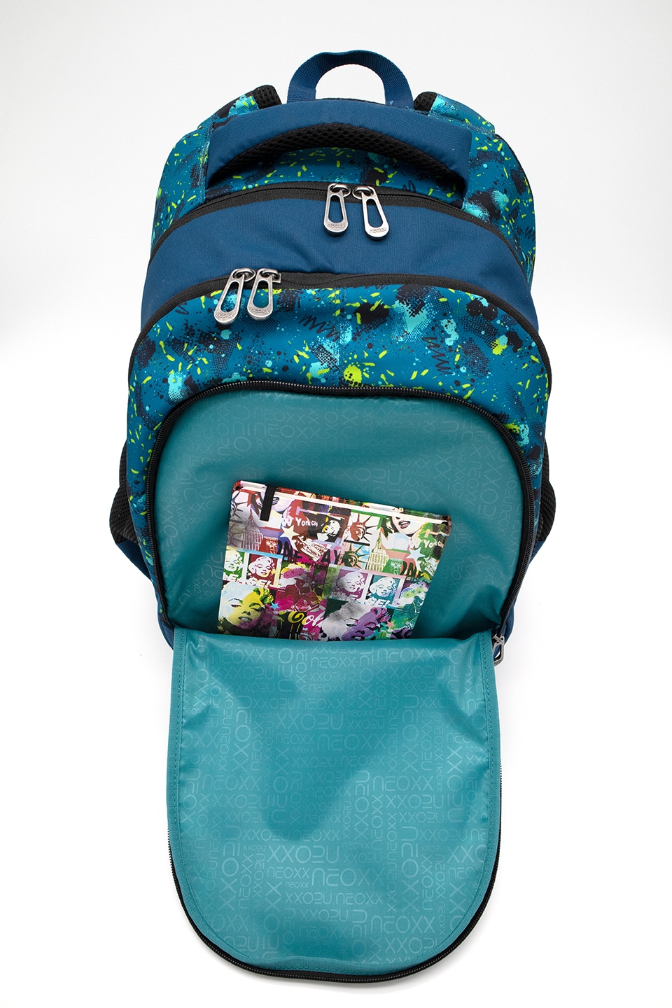 neoxx Schulrucksack »Fly, Petrol Extreme«, Reflektionsnaht, aus recycelten PET-Flaschen