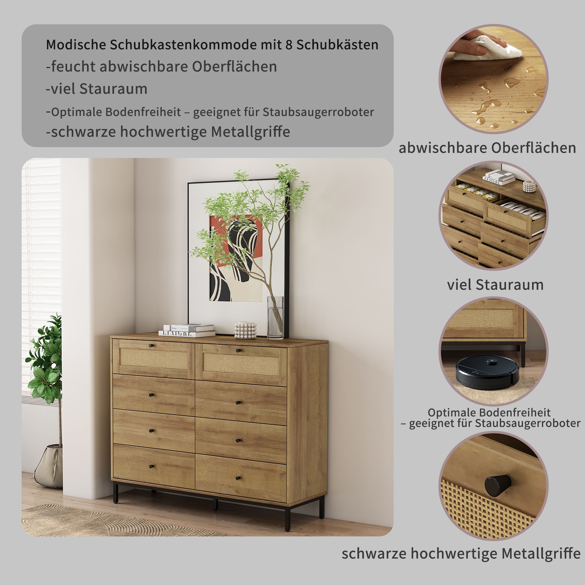 GOODproduct Kombikommode »Motala Wäsche Schrank mit 8 Schubladen Sideboard BOHO Design« Eichen-Design mit schwarzen Griffen und Geflecht Schubladen,  Kommode Schrank Wäscheschrank mit 8 Schubladen