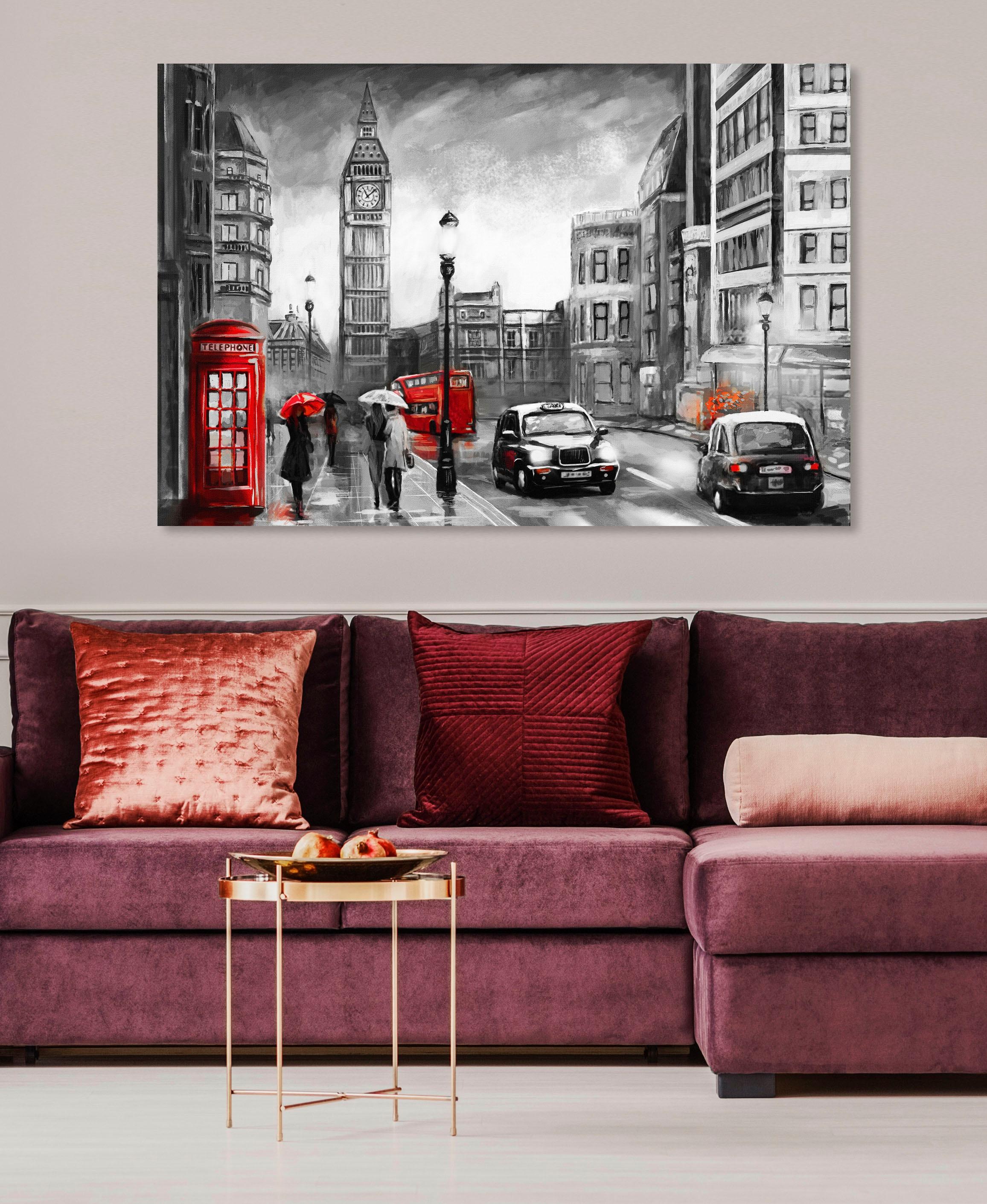 Places of Style Leinwandbild »London«, London-Schwarz-Weiss-Kunst-Modern-Fahrzeuge-Menschen-Rain-Städte, Premium-Leinwandstoff, Handarbeit aus Deutschland, 90x60cm