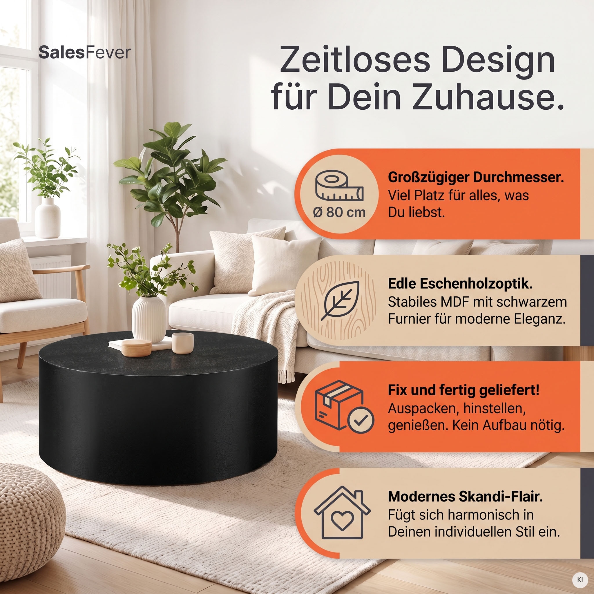 SalesFever Table basse »Design-Couchtisch für stilvolles Wohnen, Ø 80 cm« 1 cuis tlg. Table en bois élégante et moderne avec placage en bois massif