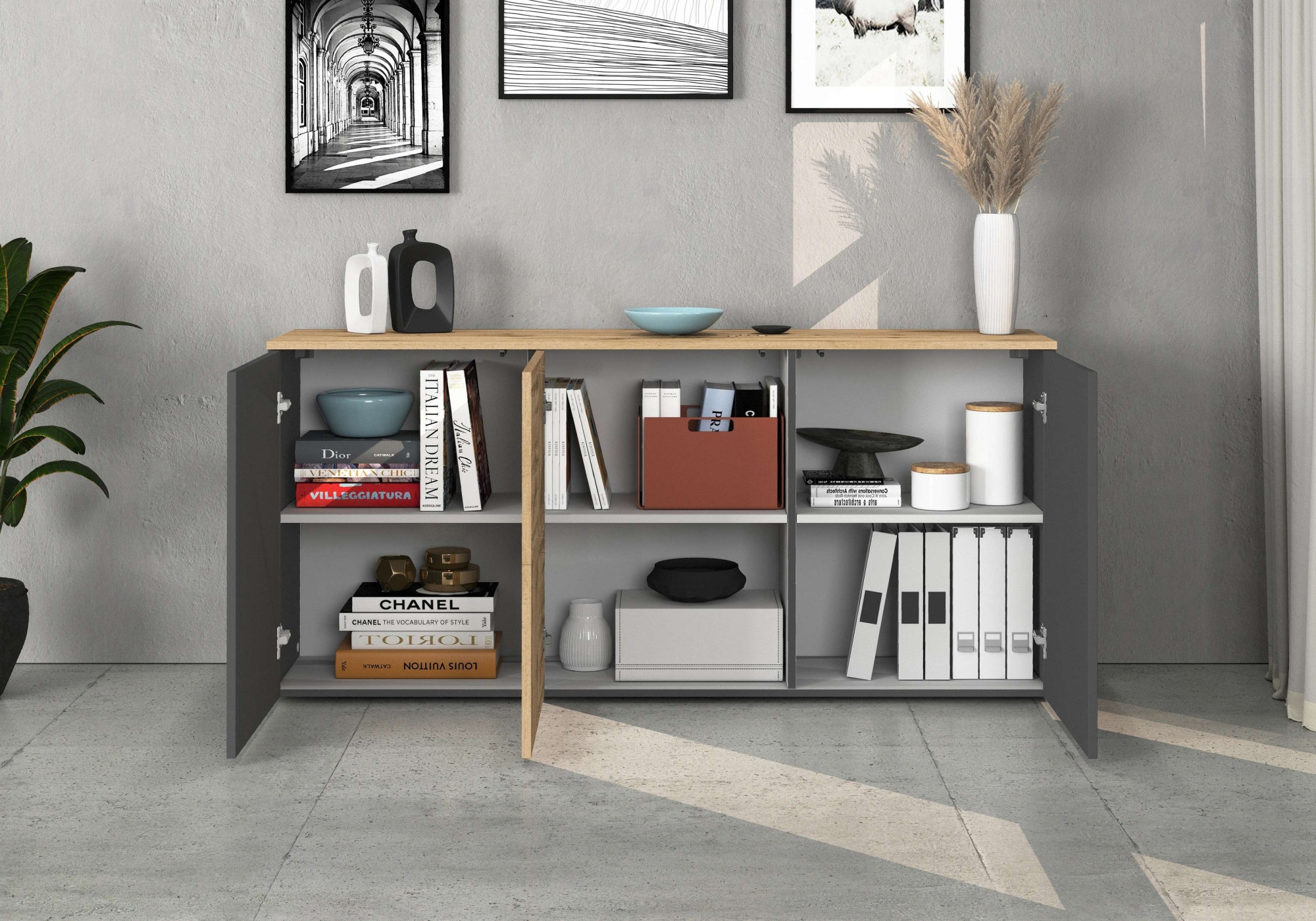 GOODproduct Sideboard »ISEO, Kommode, Schrank, Sideboard, Lowboard, 6 Fächer, Breite 150 cm« 1 Stk. tlg. stehend/hängend, 3 Türen, 6 Fächer, Breite 150 cm