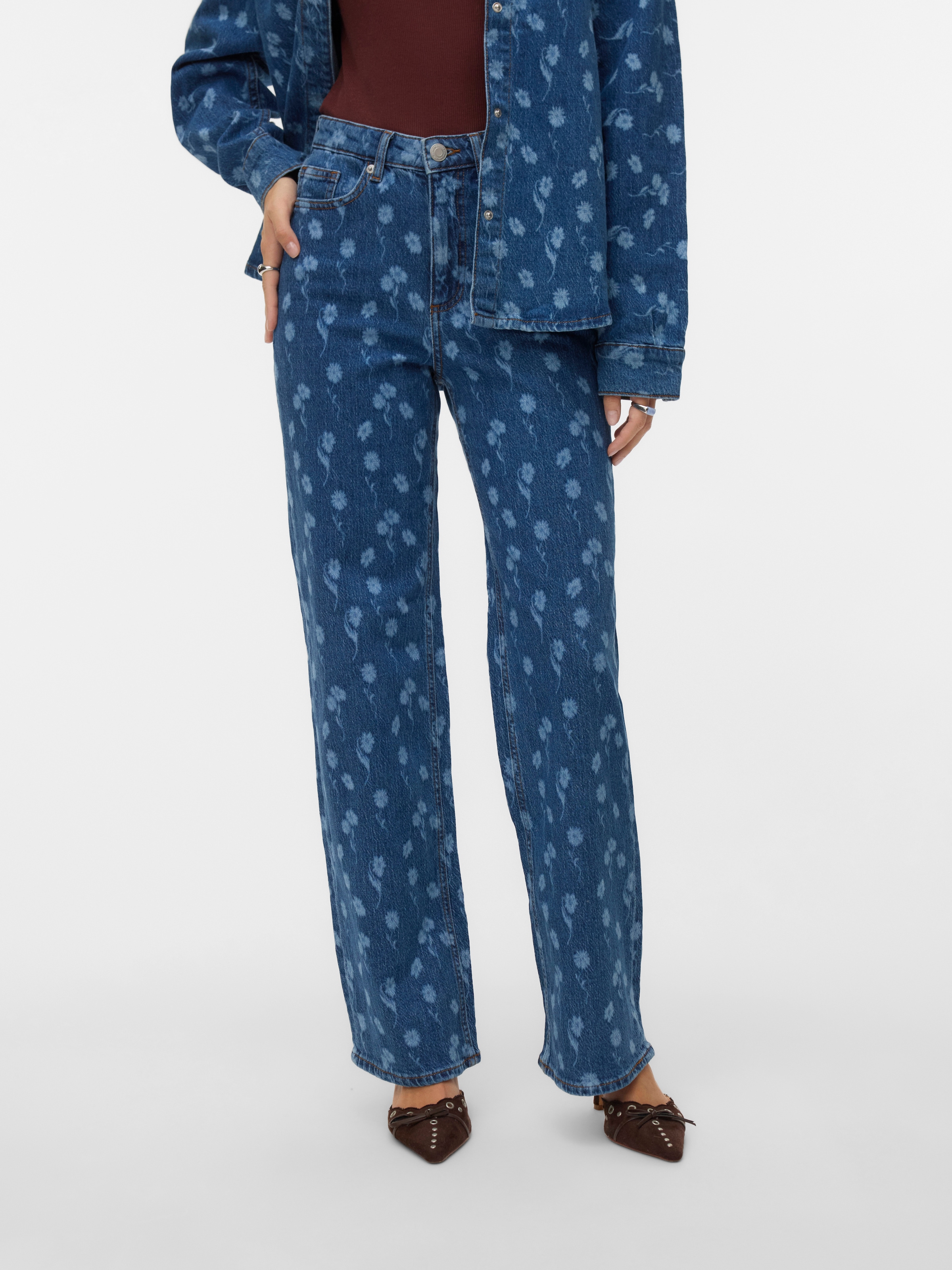 Image of Vero Moda Straight-Jeans "VMTESSA HR WIDE FLOWER DENIM JEANS RA380" mit Blumenmuster