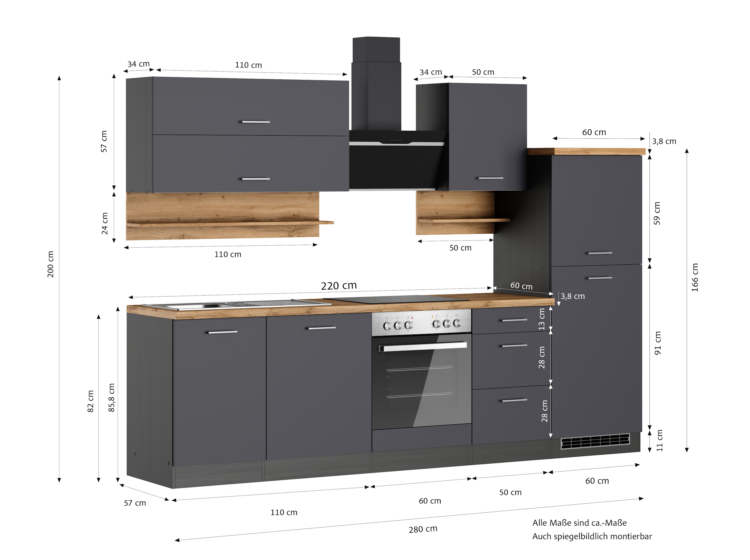 KOCHSTATION Kitchenette »KS-Milan« 280 cm de large, rails métalliques robustes, beaucoup d’espace de rangement