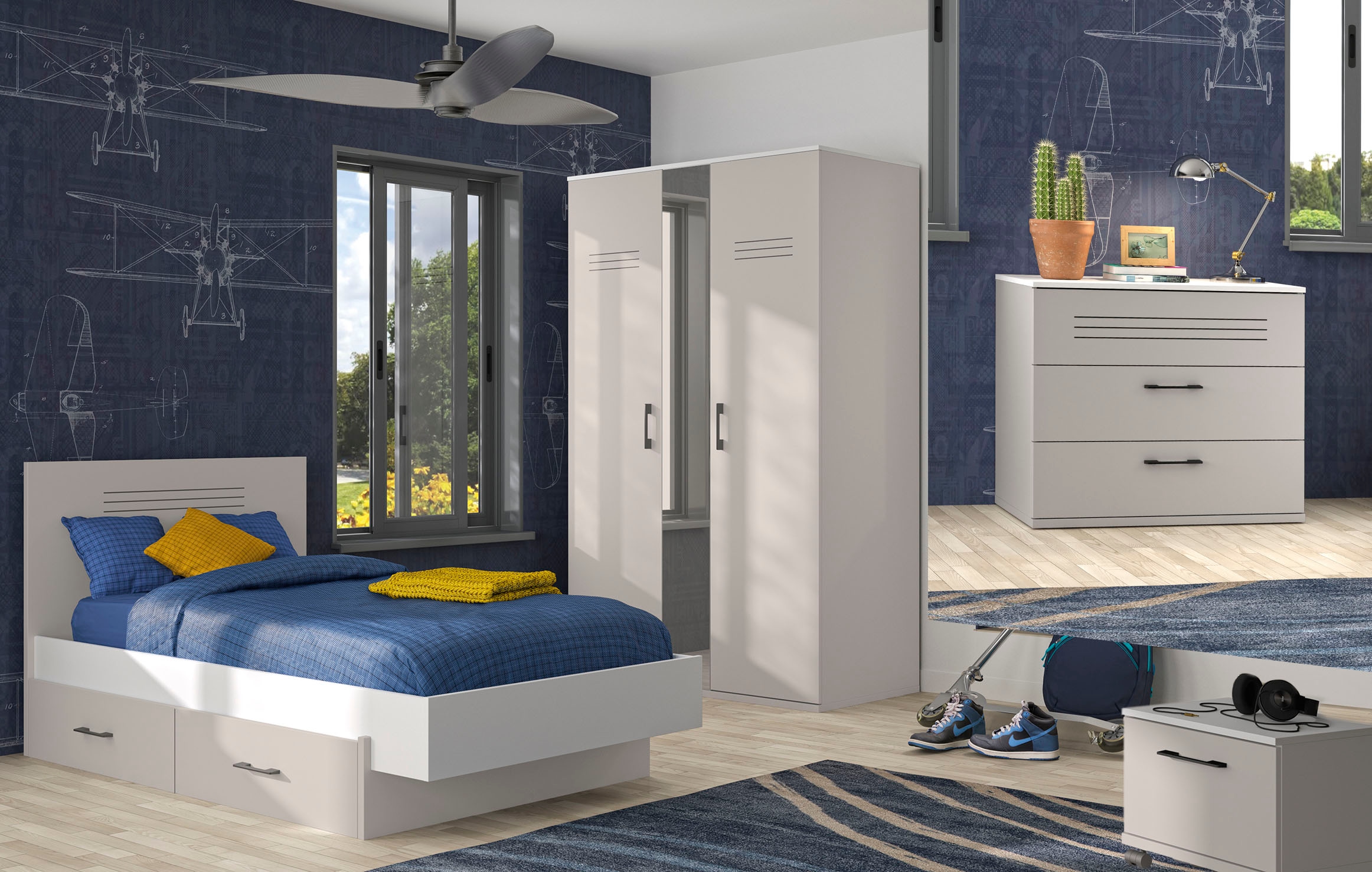 Image of Gami Jugendzimmer-Set »Ugo«, (5 St., 1 Kleiderschrank mit Spiegelfläche und 1 Schubladenkommode und 1 Nachttisch auf Rollen) bei Ackermann Versand Schweiz