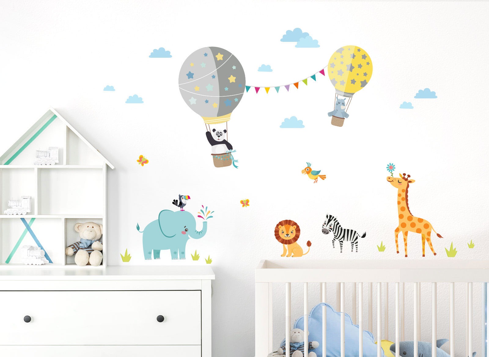 Image of little DECO Wandtattoo »Little Deco Wandtattoo Zoo Tiere im Heissluftballon Grau Gelb Mint« bei Ackermann Versand Schweiz