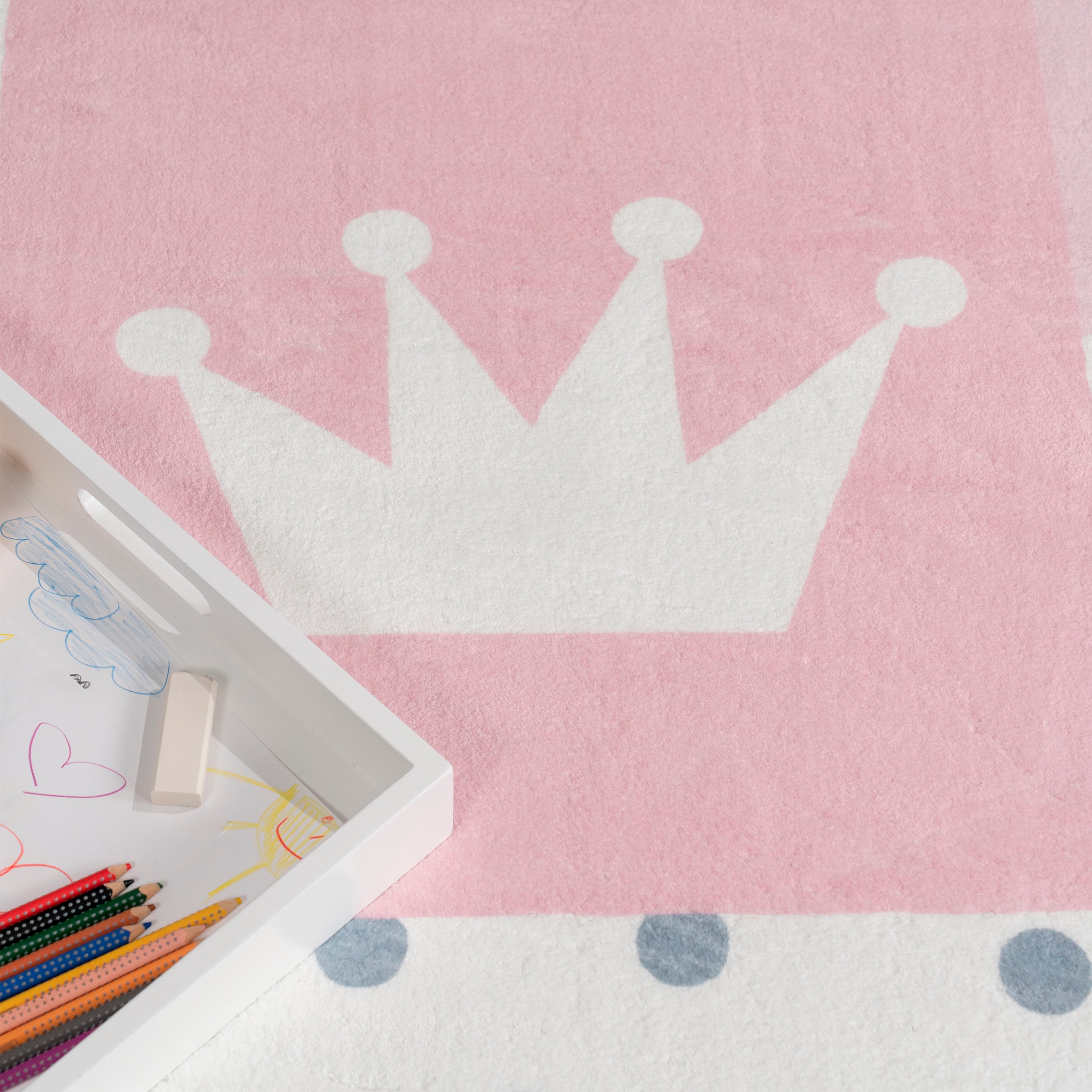 Paco Home Kinderteppich »Eliz 391«, rechteckig, 12 mm Höhe, Kurzflor, Spielteppich, Patchwork-Muster, Motiv Krone, Herz & Punkte