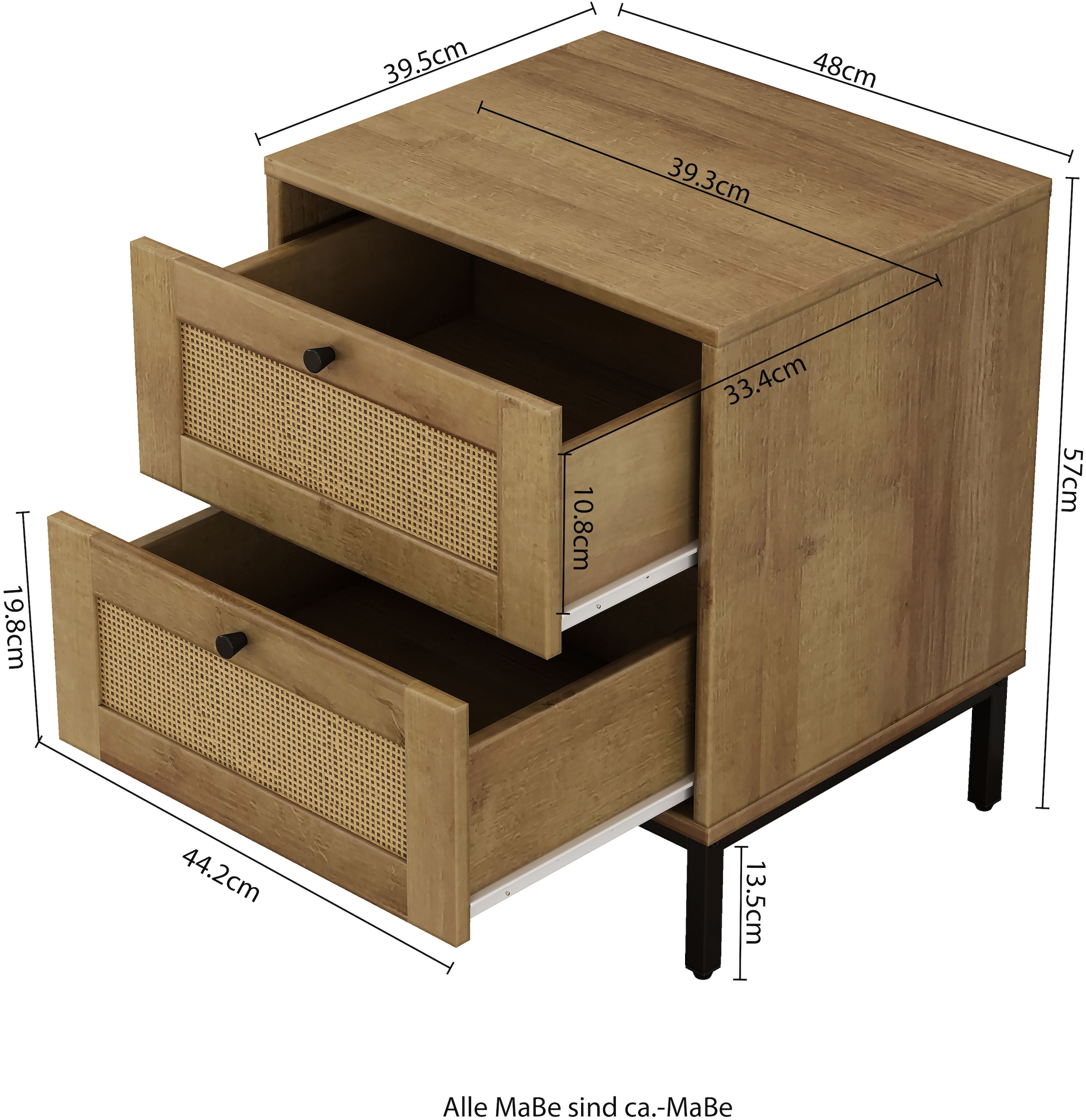 GOODproduct Nachtkommode »Motala Nachtschrank Set BOHO Style mit Geflecht Schubladen Bestseller« Set, 2 Schränke im Set - Eichen-Design mit schwarzen Griffen, 