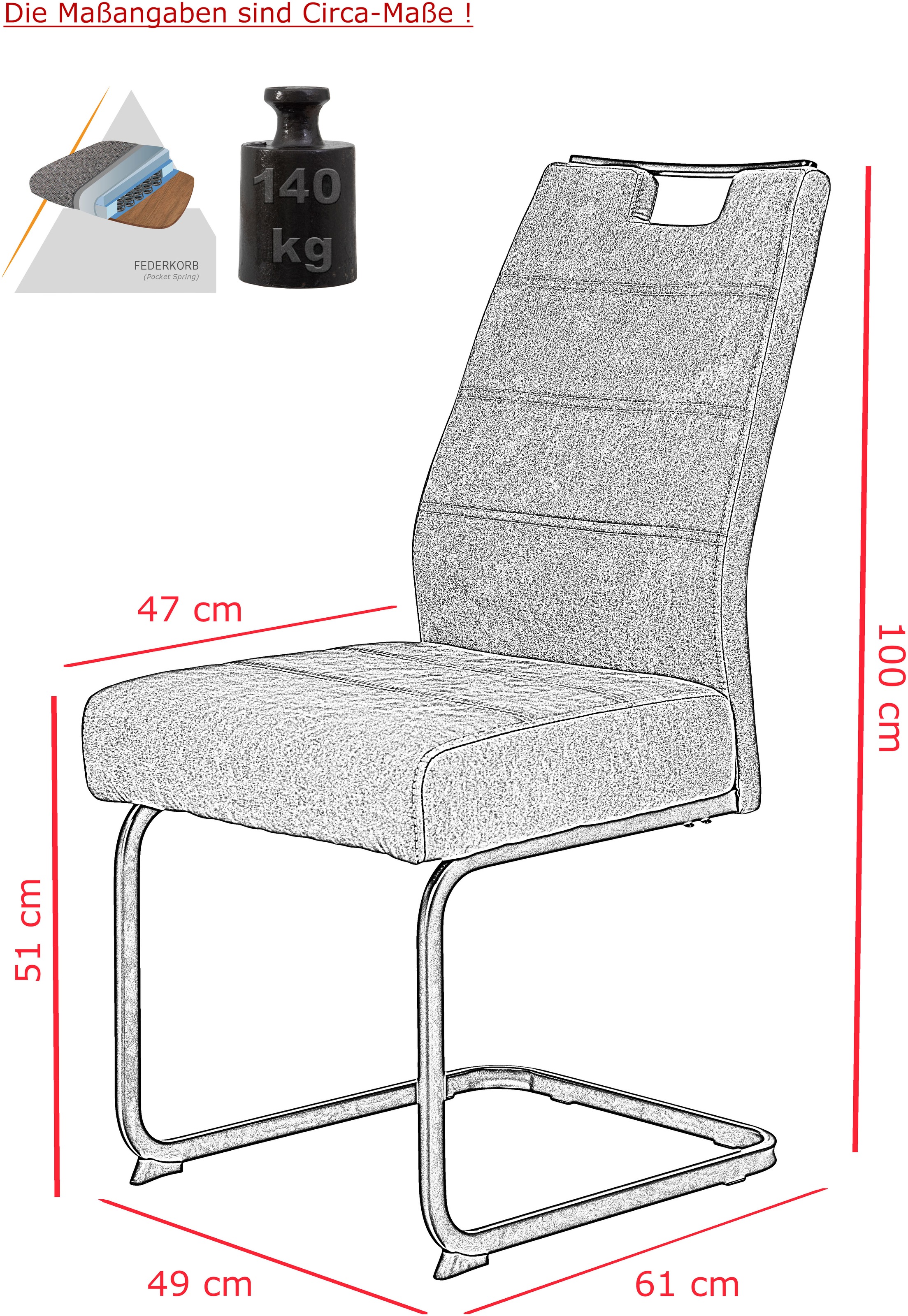 HELA Chaise cantilever »KERTIN« (Ensemble) 1 cuisLargeur d'assise XL, poignée, panier à ressort, charge max. 140kg