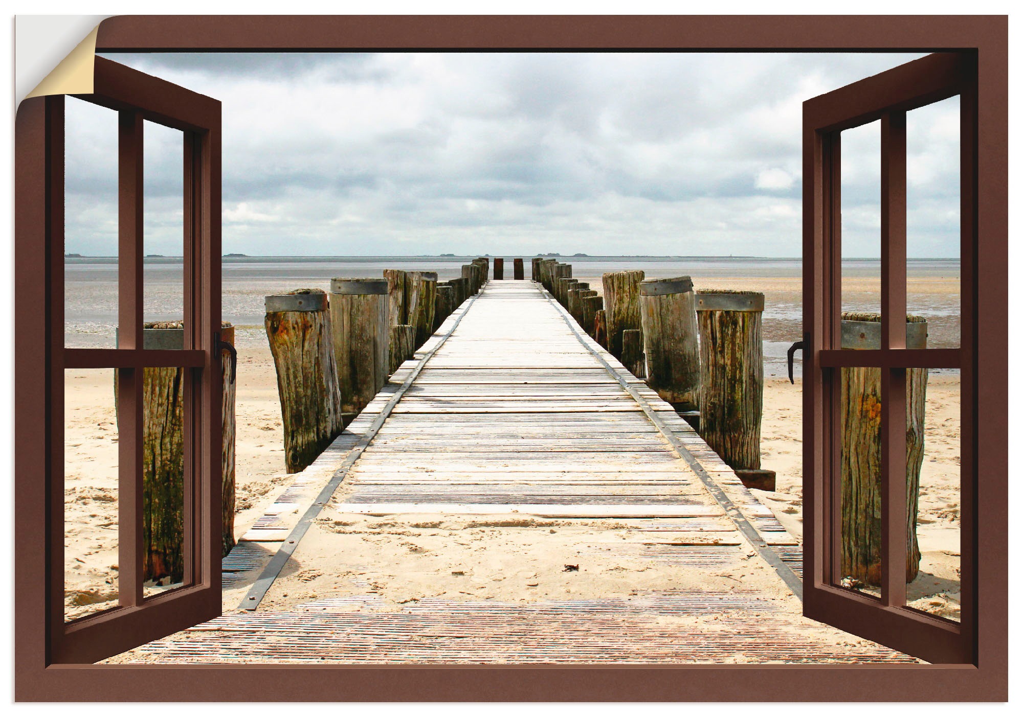 Image of Artland Wandbild »Fensterblick - Steg ins Watt«, Fensterblick, (1 St.), in vielen Grössen & Produktarten -Leinwandbild, Poster, Wandaufkleber / Wandtattoo auch für Badezimmer geeignet bei Ackermann Versand Schweiz